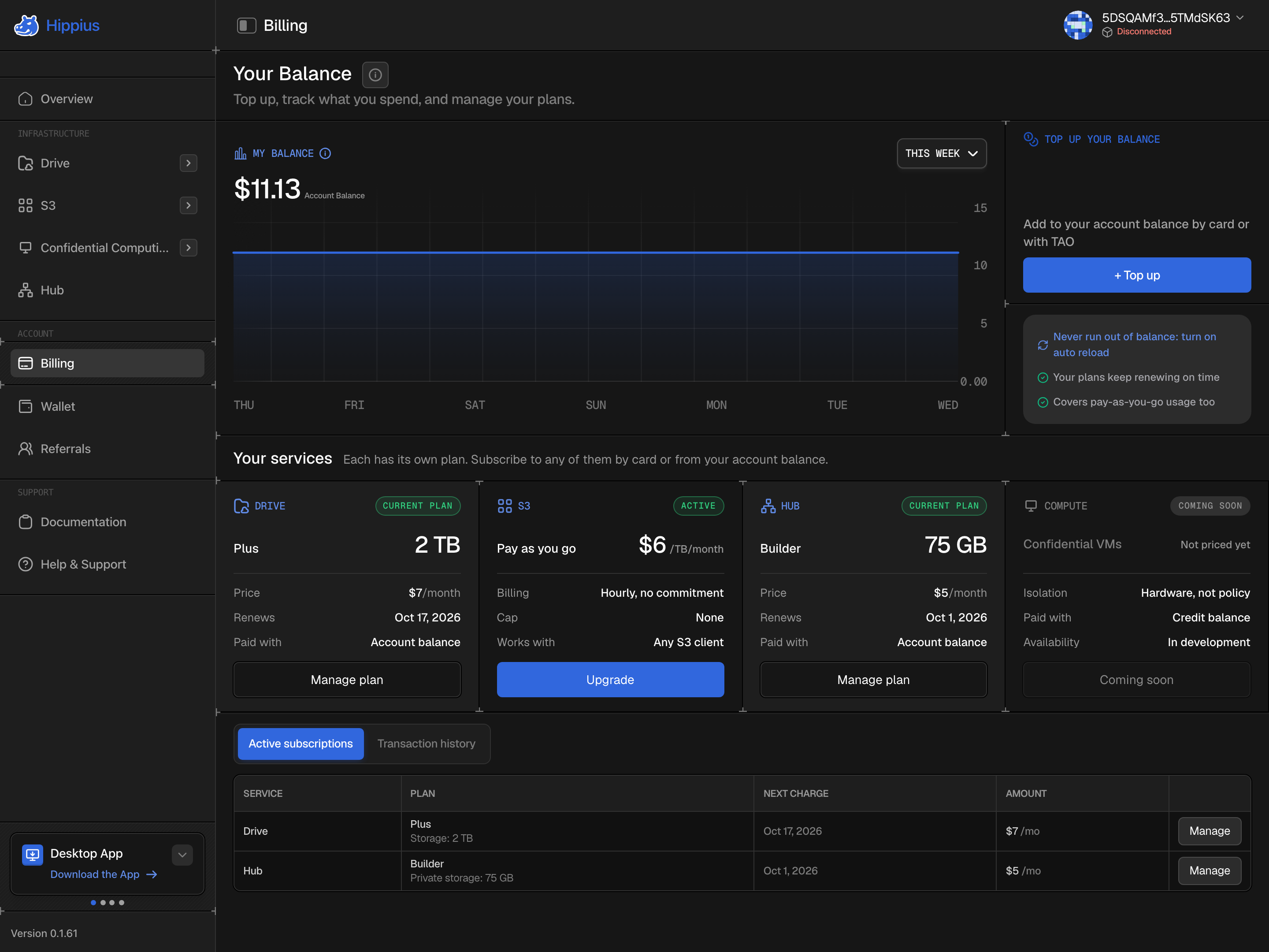 Billing page with balance, services and plans