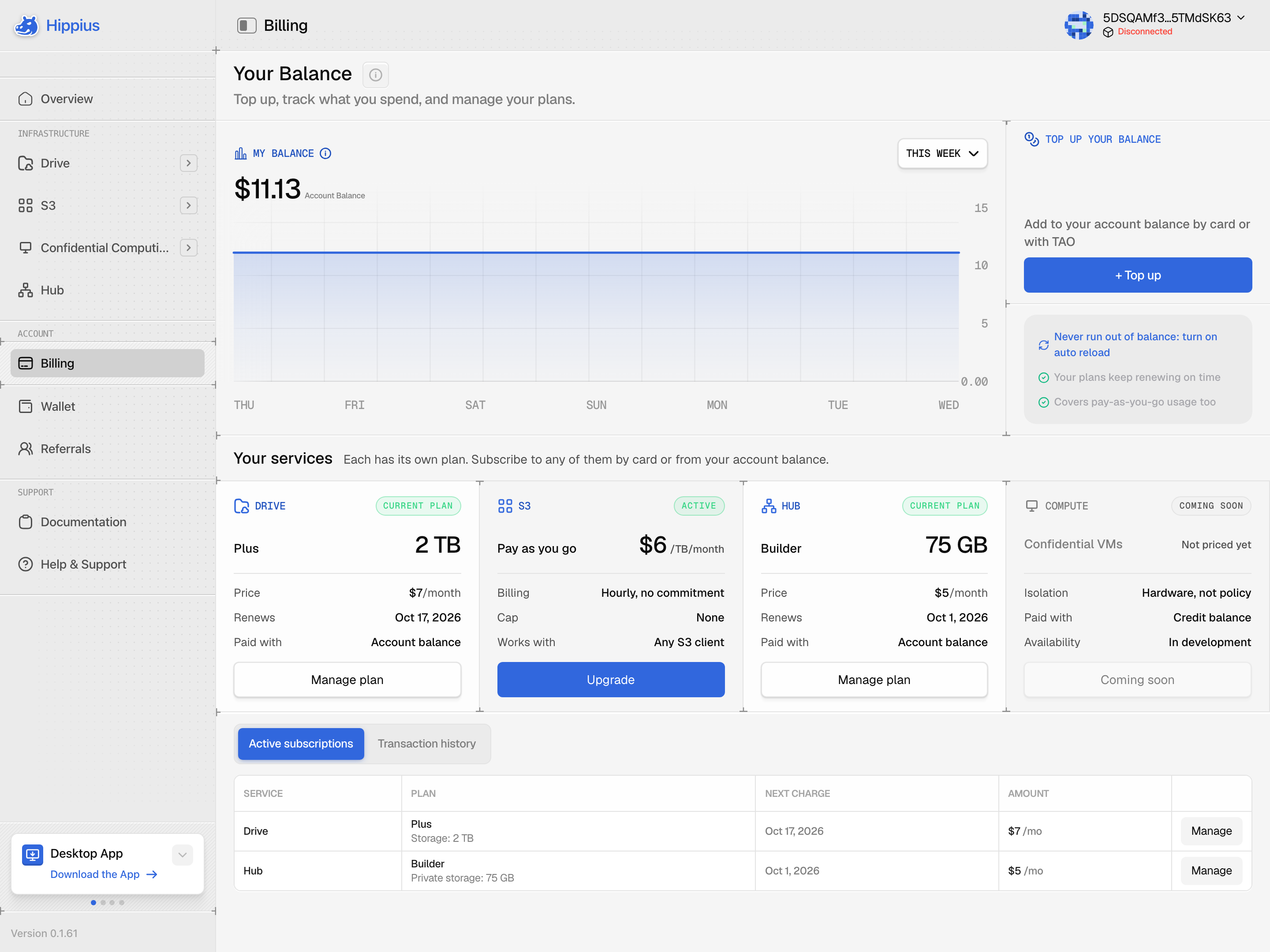 Billing page with balance, services and plans