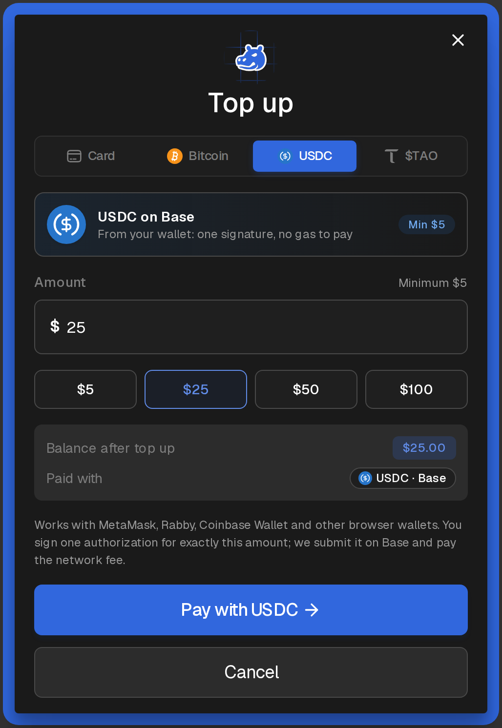 Top up with USDC on Base