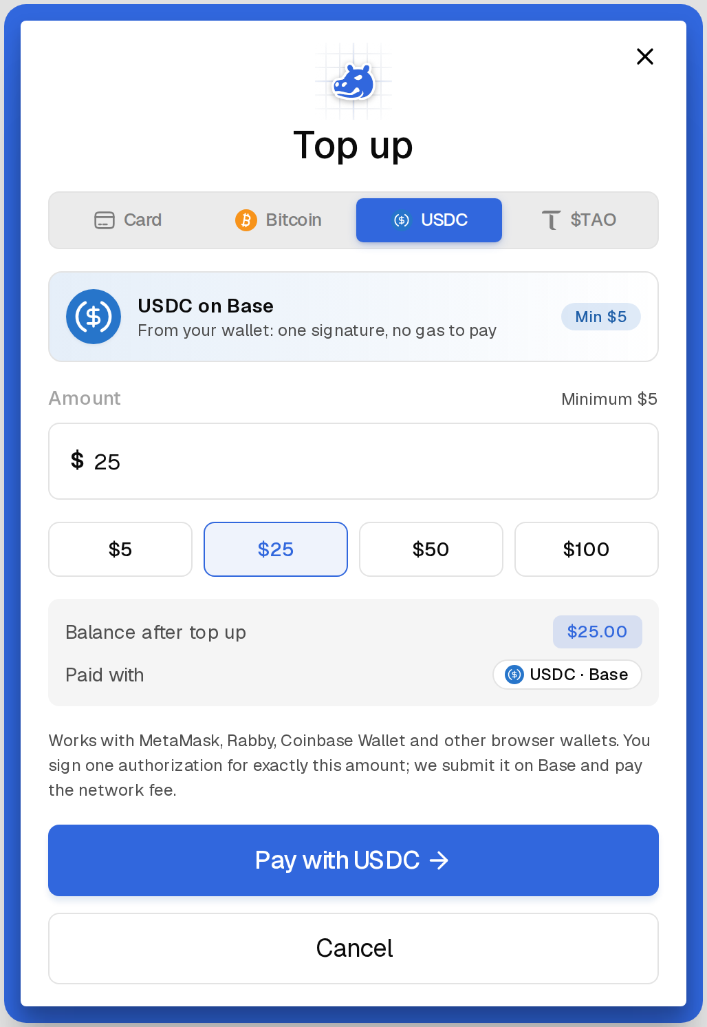 Top up with USDC on Base
