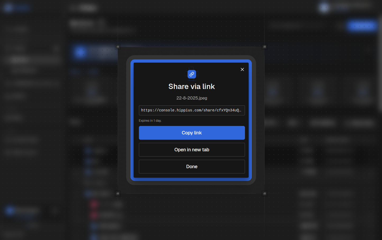 The share dialog with a link ready