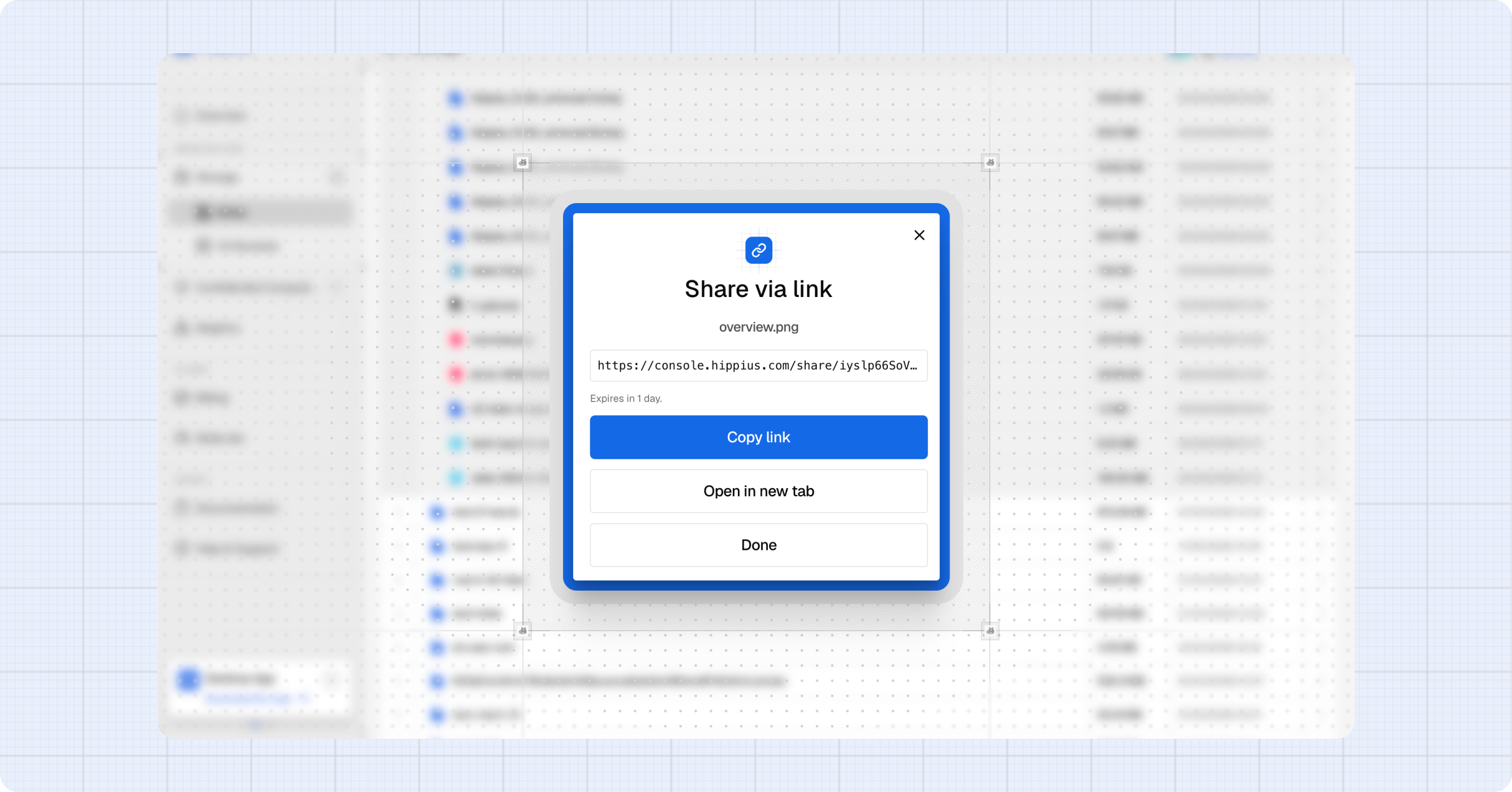 The share dialog with a link ready