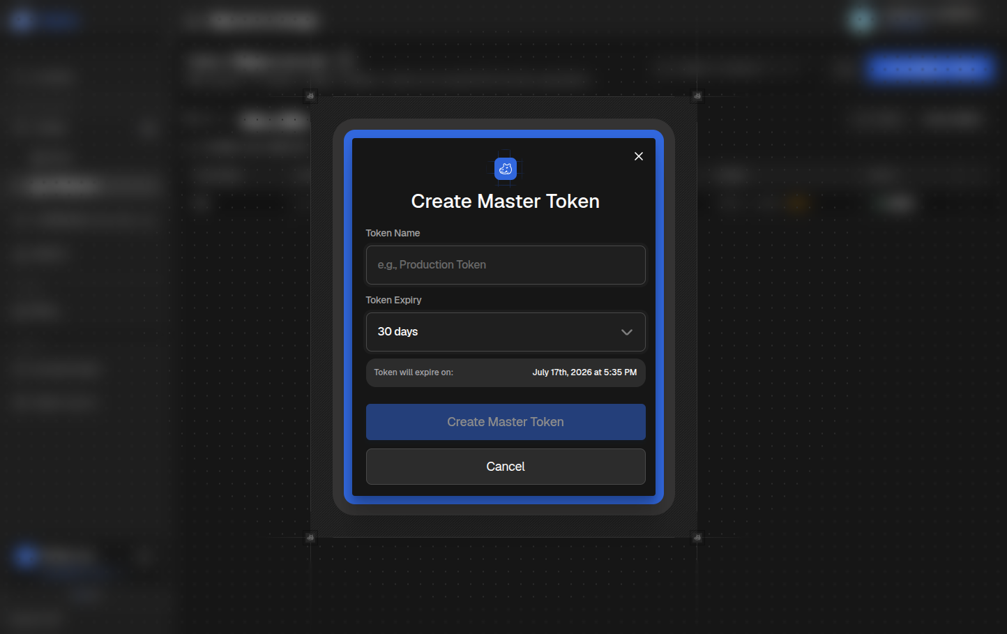 Create master token dialog