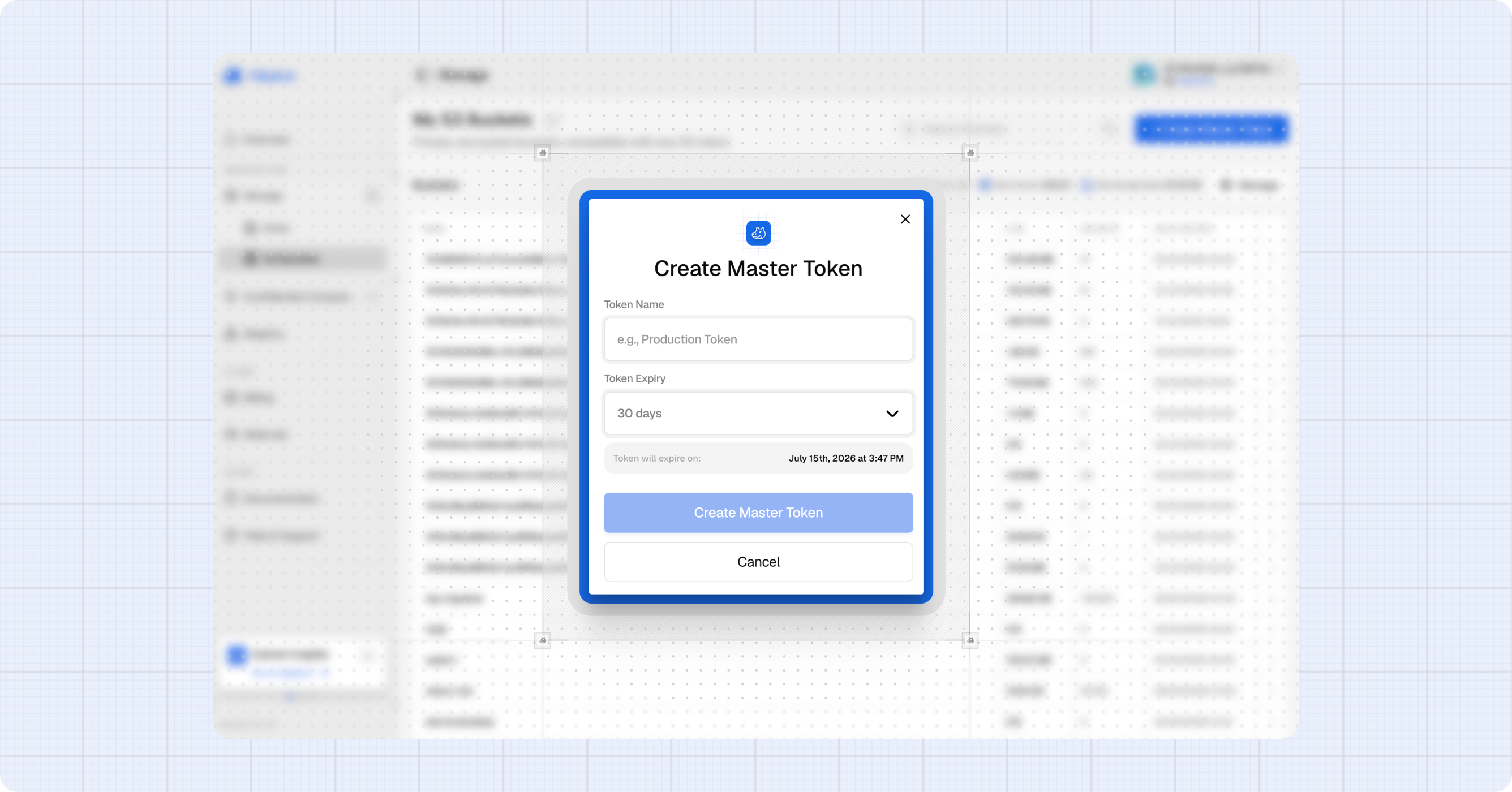 Create master token dialog