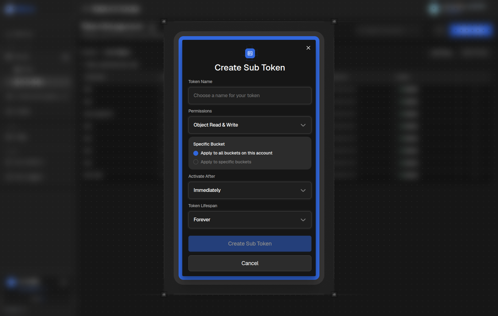 Create sub-token dialog