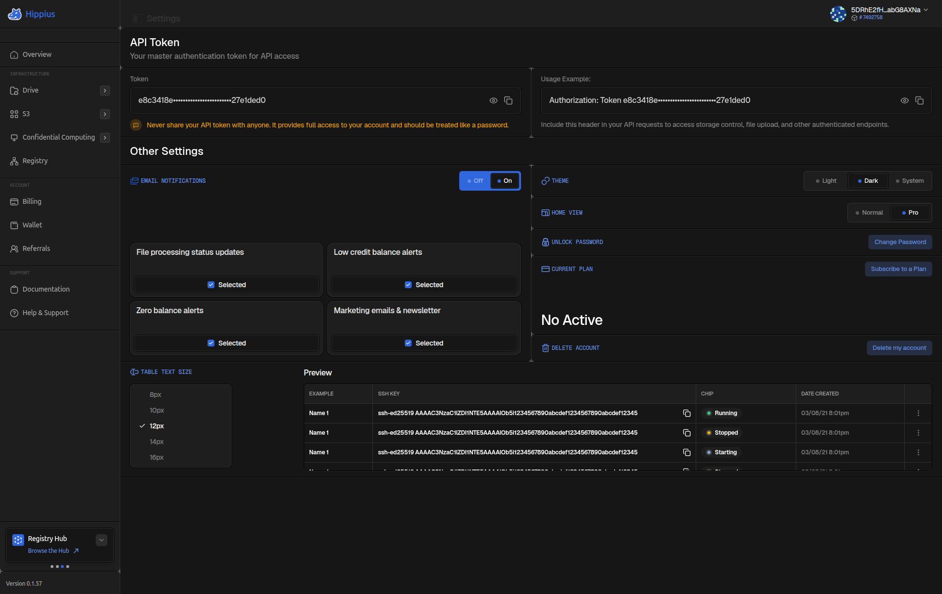 Settings page