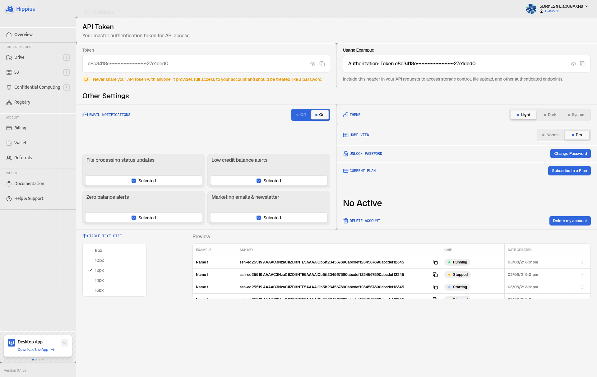 Settings page