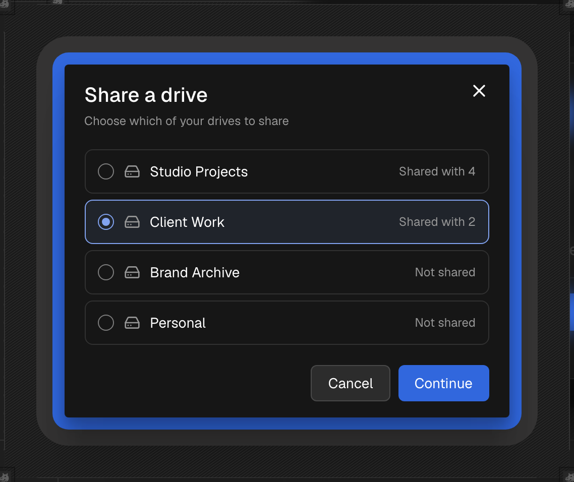 The Share a drive picker, listing your drives and whether each one is shared