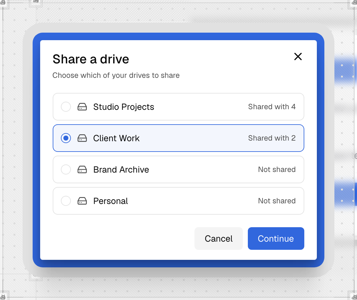 The Share a drive picker, listing your drives and whether each one is shared