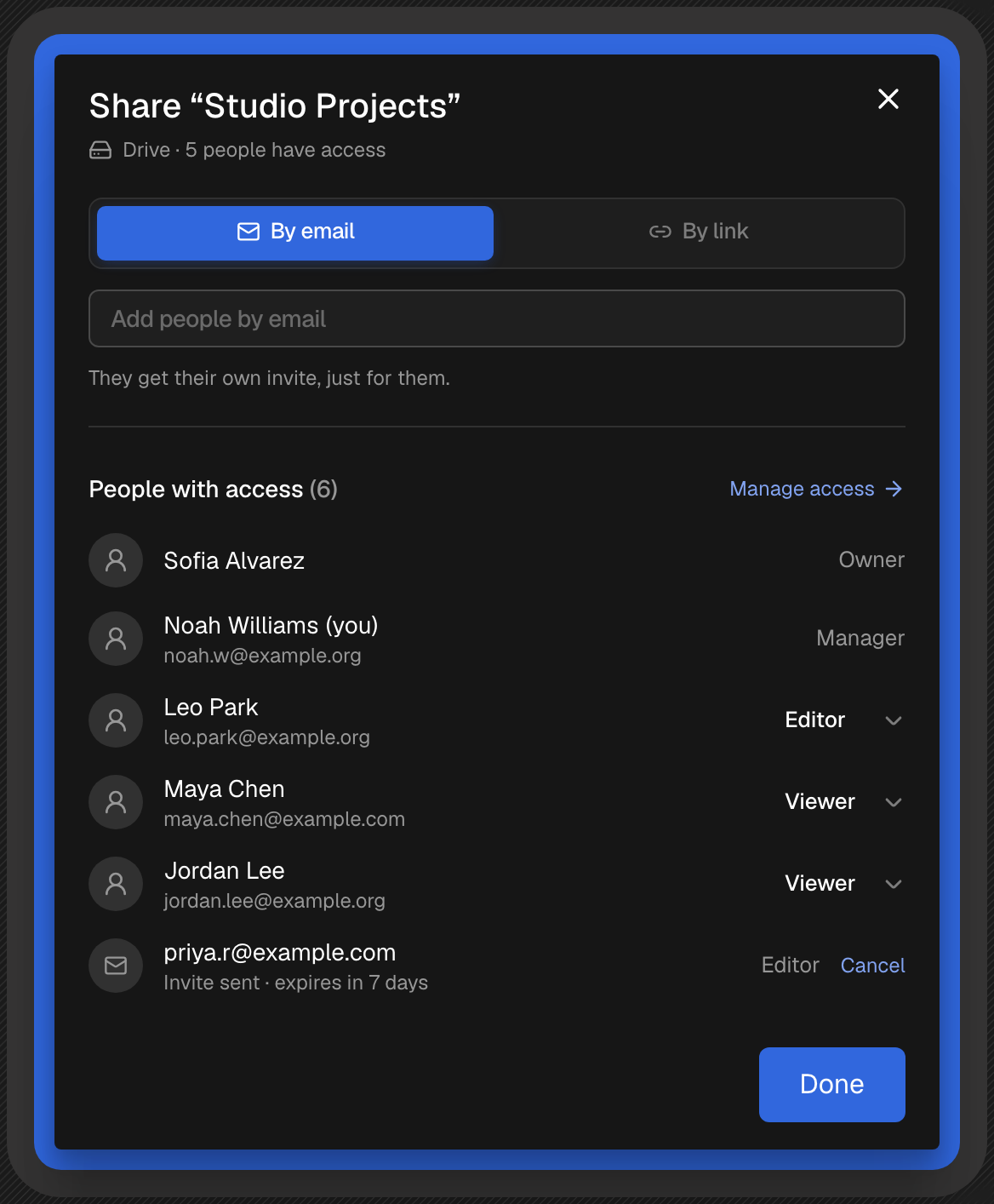 The Share dialog for a drive on the By email tab, with the people who have access and an email invite that is waiting