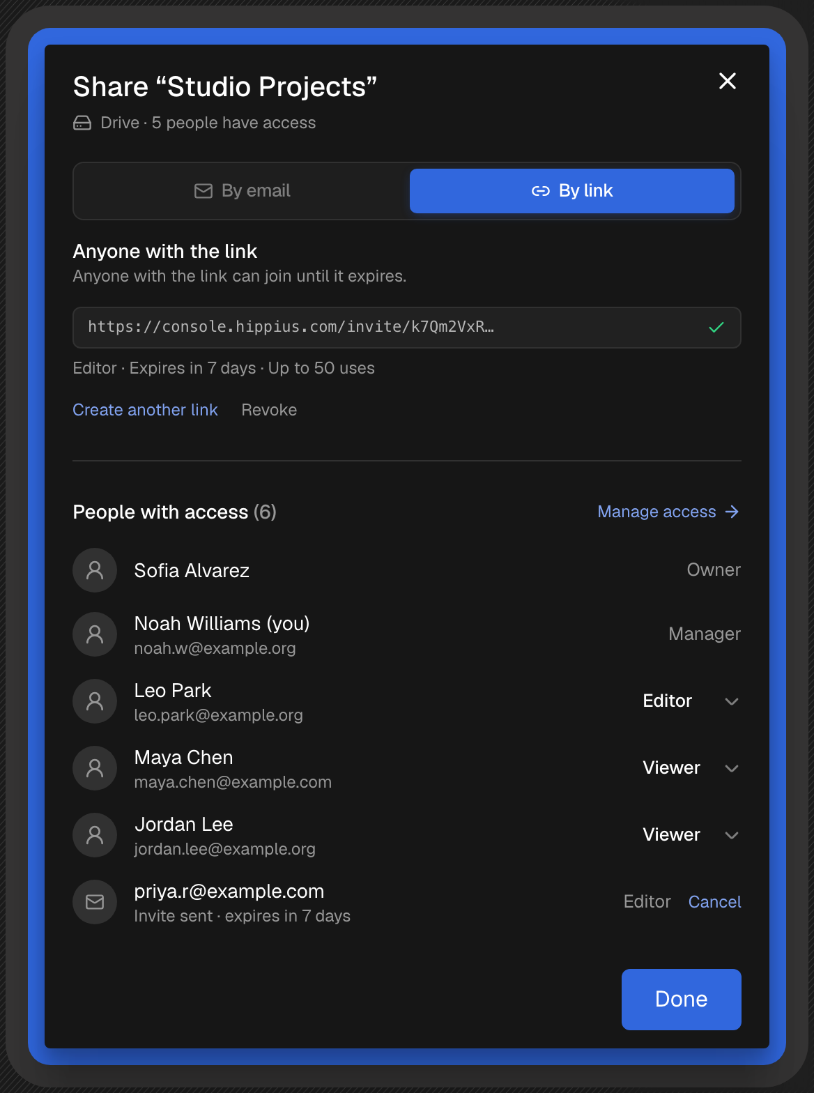 The By link tab of the Share dialog, with a new invite link ready to copy