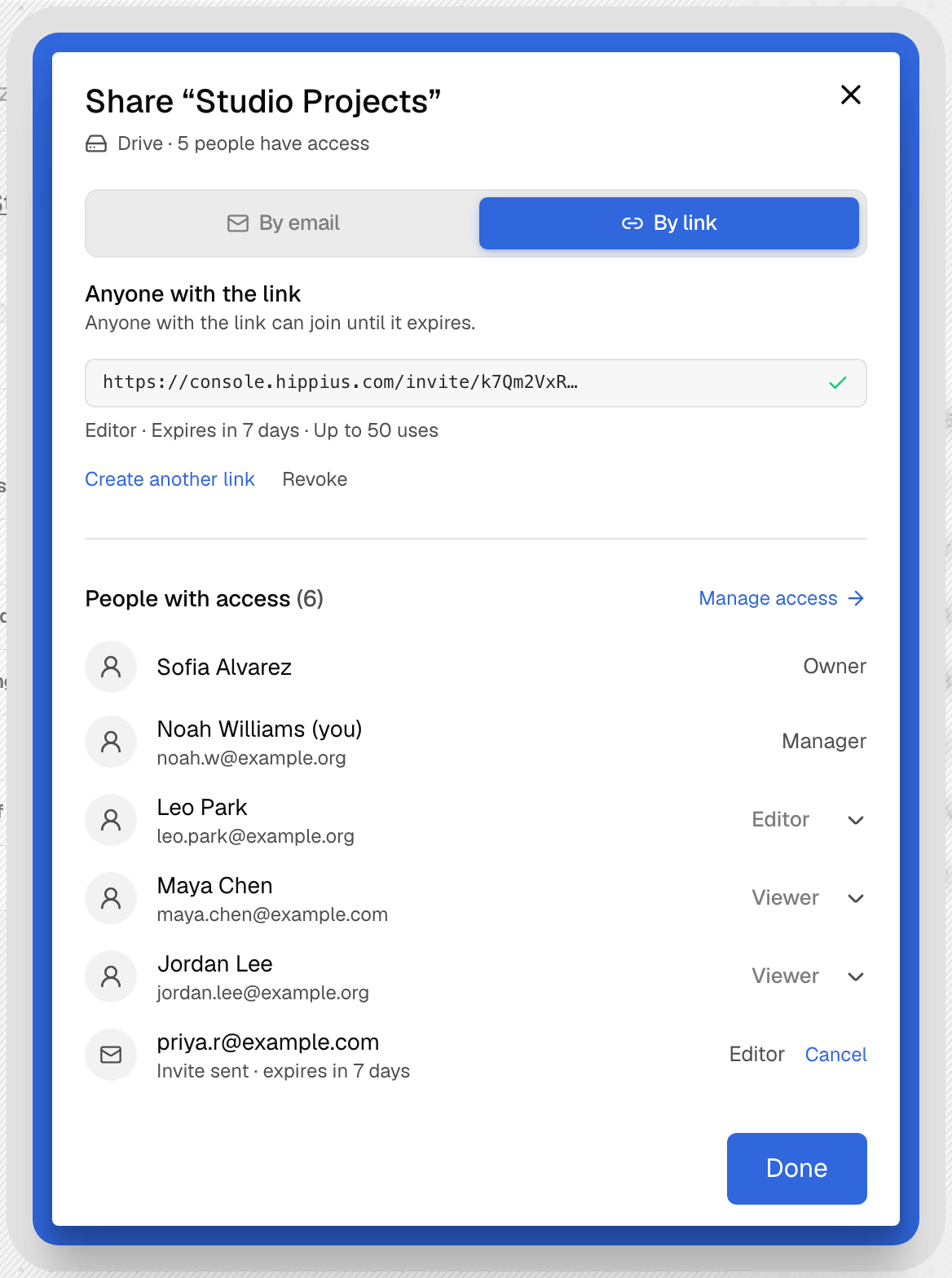 The By link tab of the Share dialog, with a new invite link ready to copy
