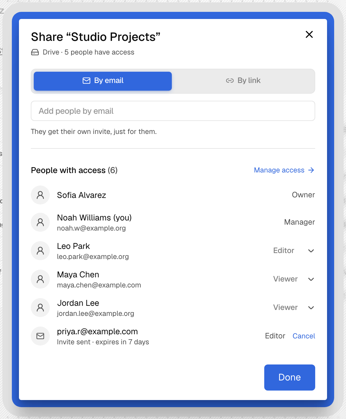The Share dialog for a drive on the By email tab, with the people who have access and an email invite that is waiting