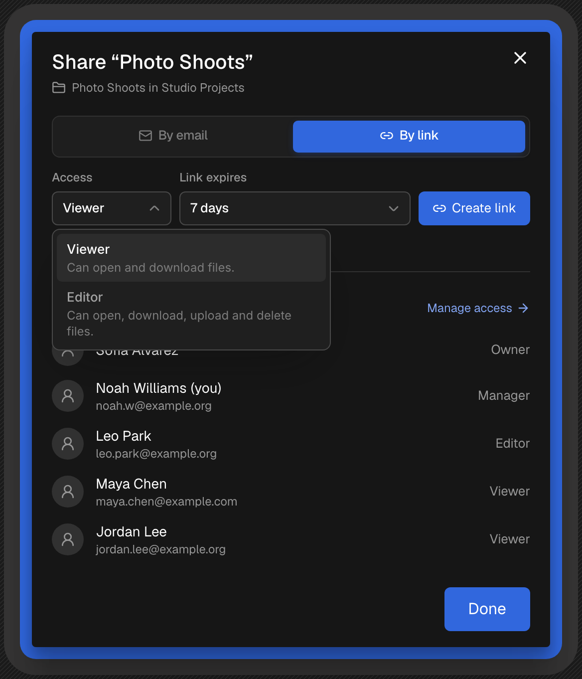 The Share dialog for a single folder, offering Viewer and Editor