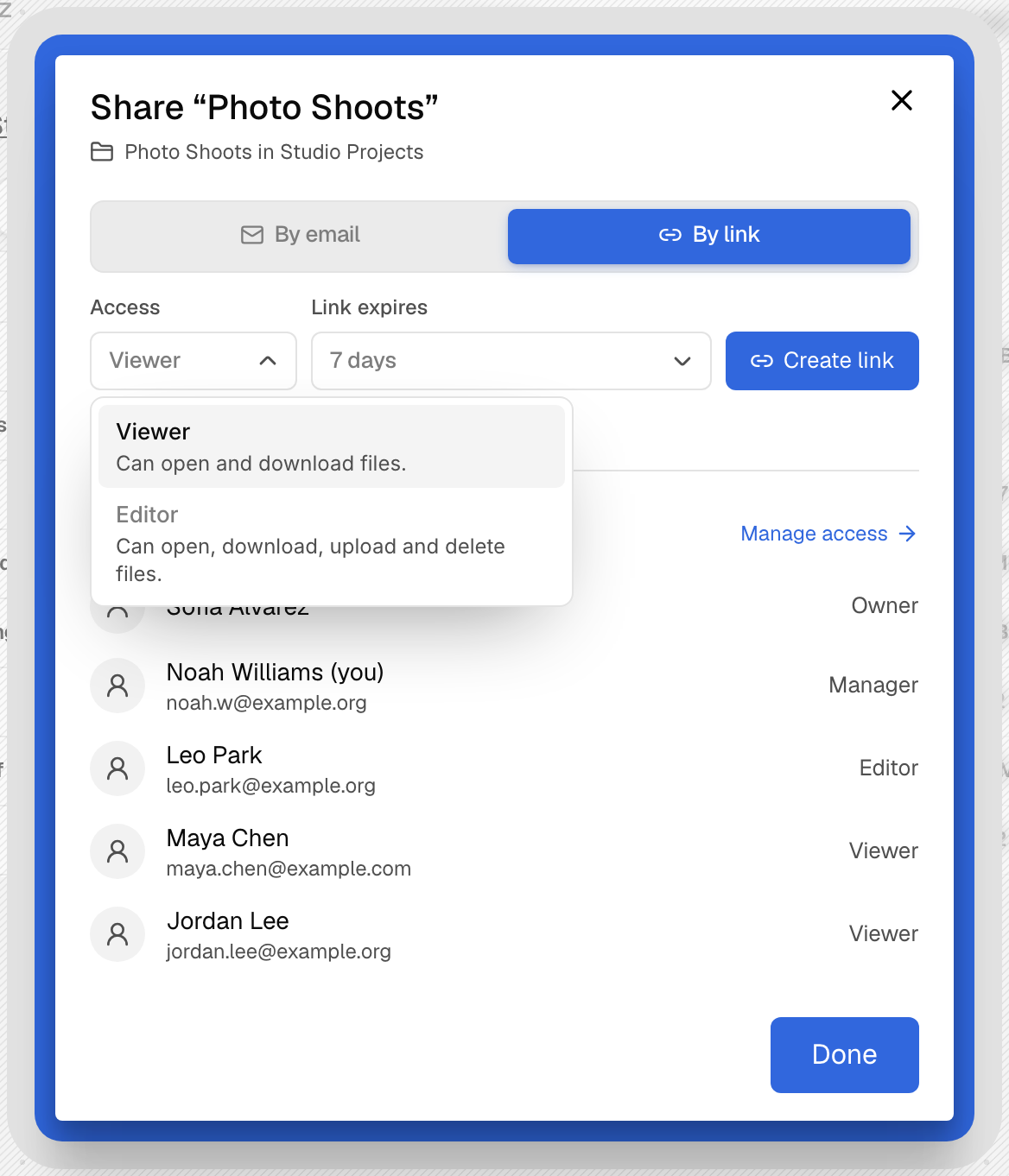 The Share dialog for a single folder, offering Viewer and Editor