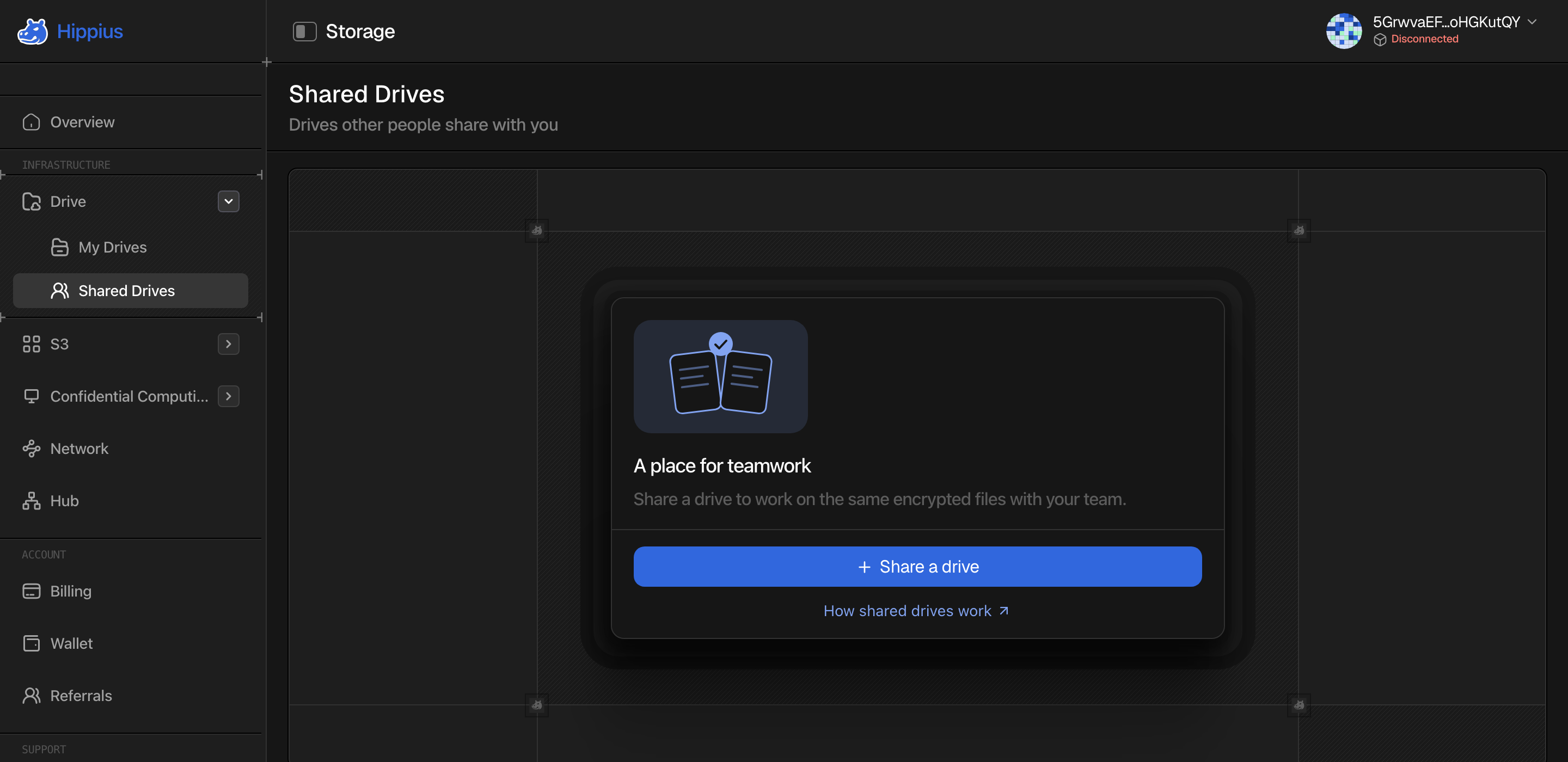The Shared Drives page before anything has been shared, with the Share a drive button