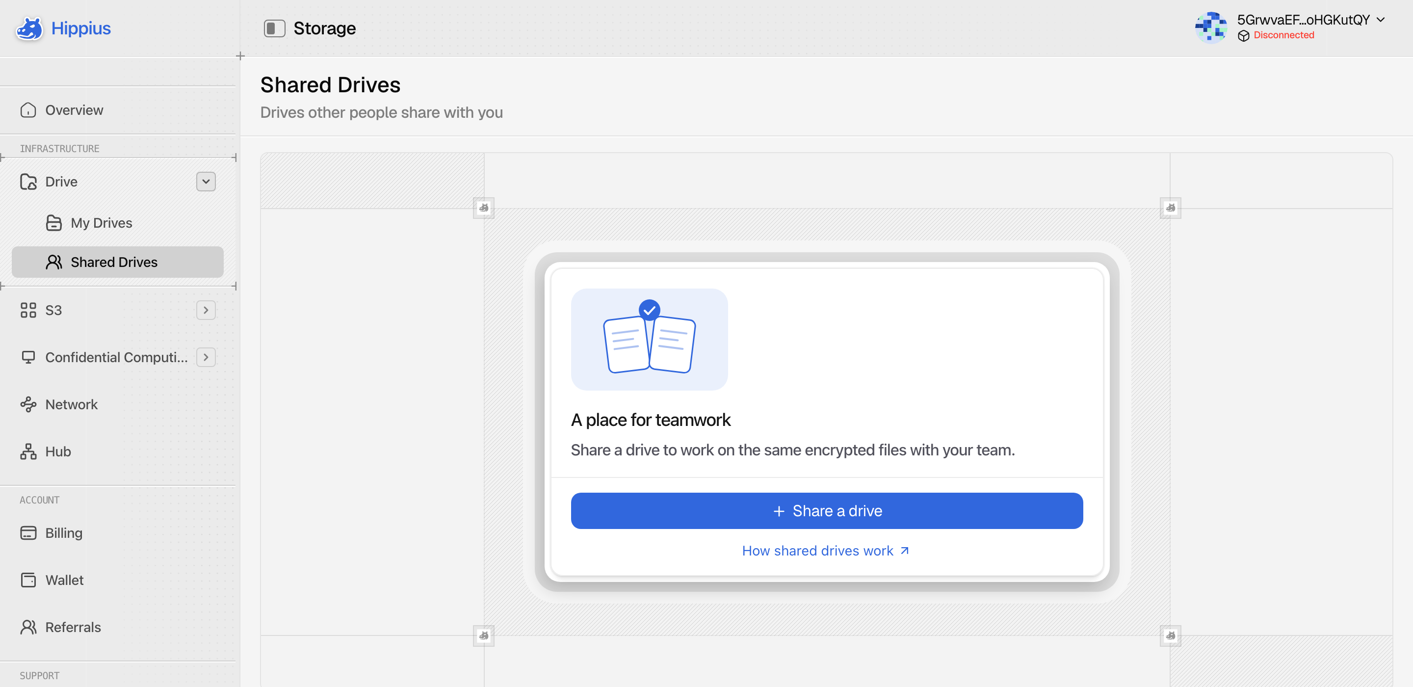 The Shared Drives page before anything has been shared, with the Share a drive button