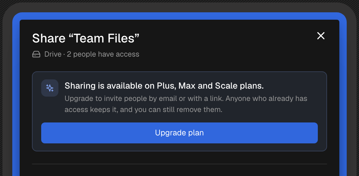 The upgrade prompt in the Share dialog on a plan without sharing