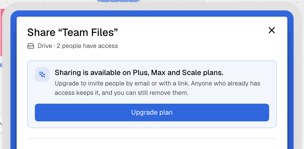 The upgrade prompt in the Share dialog on a plan without sharing
