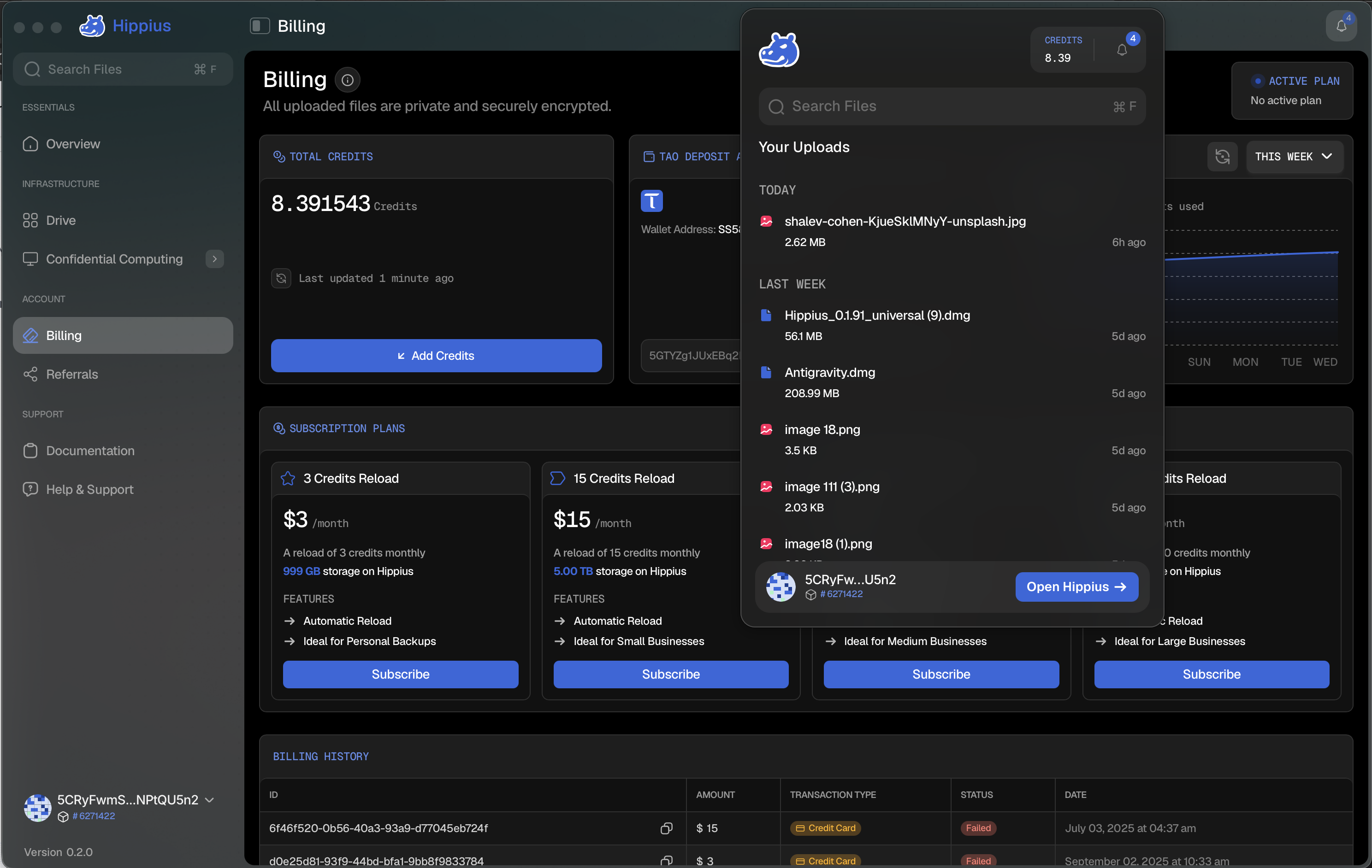 The Hippius menu bar window showing your balance, the notification bell, file search, and recent uploads