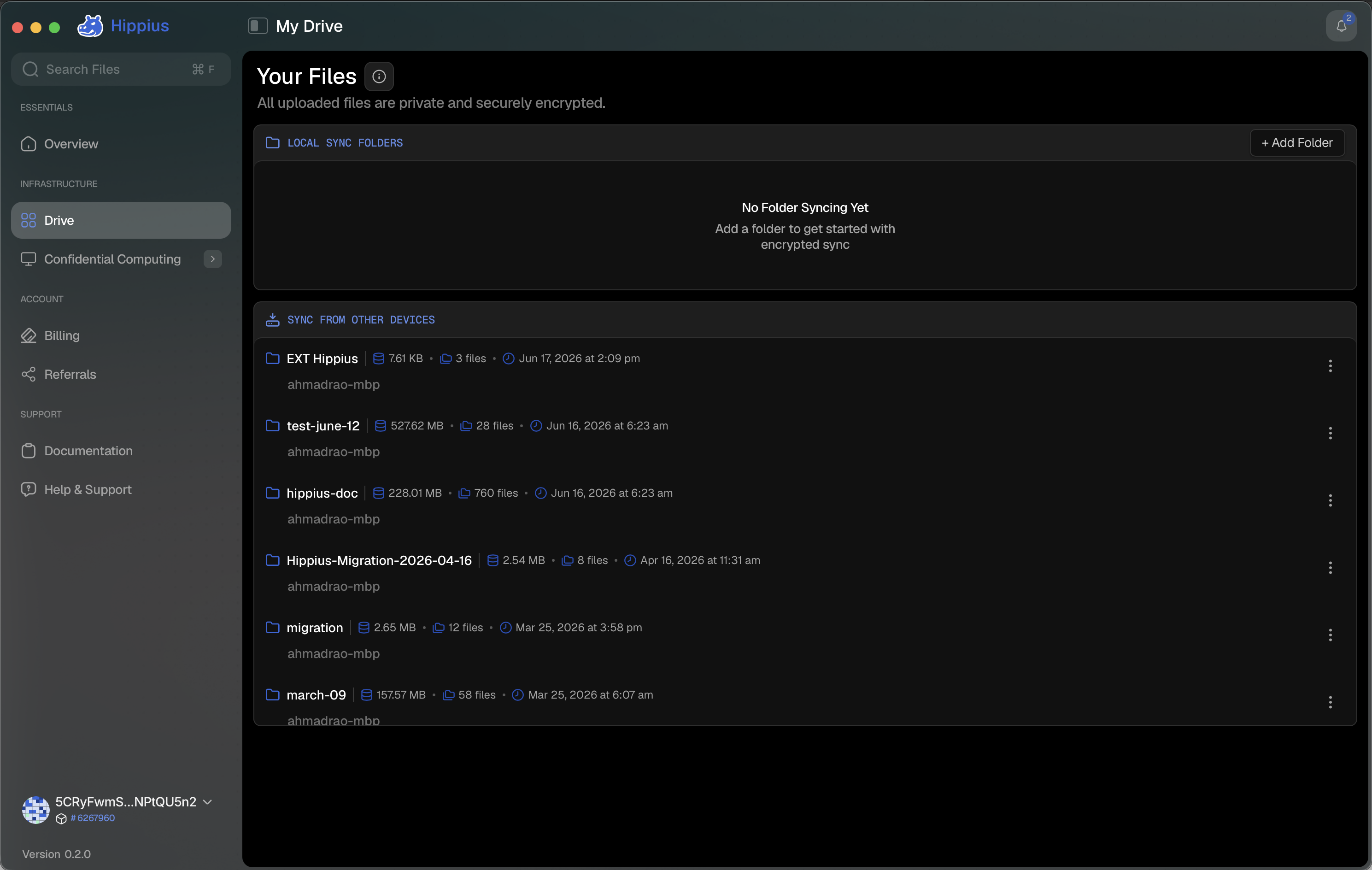 The FilesOnboarding screen showing the Local Sync Folders section with the Add Folder button and Sync from Other Devices section