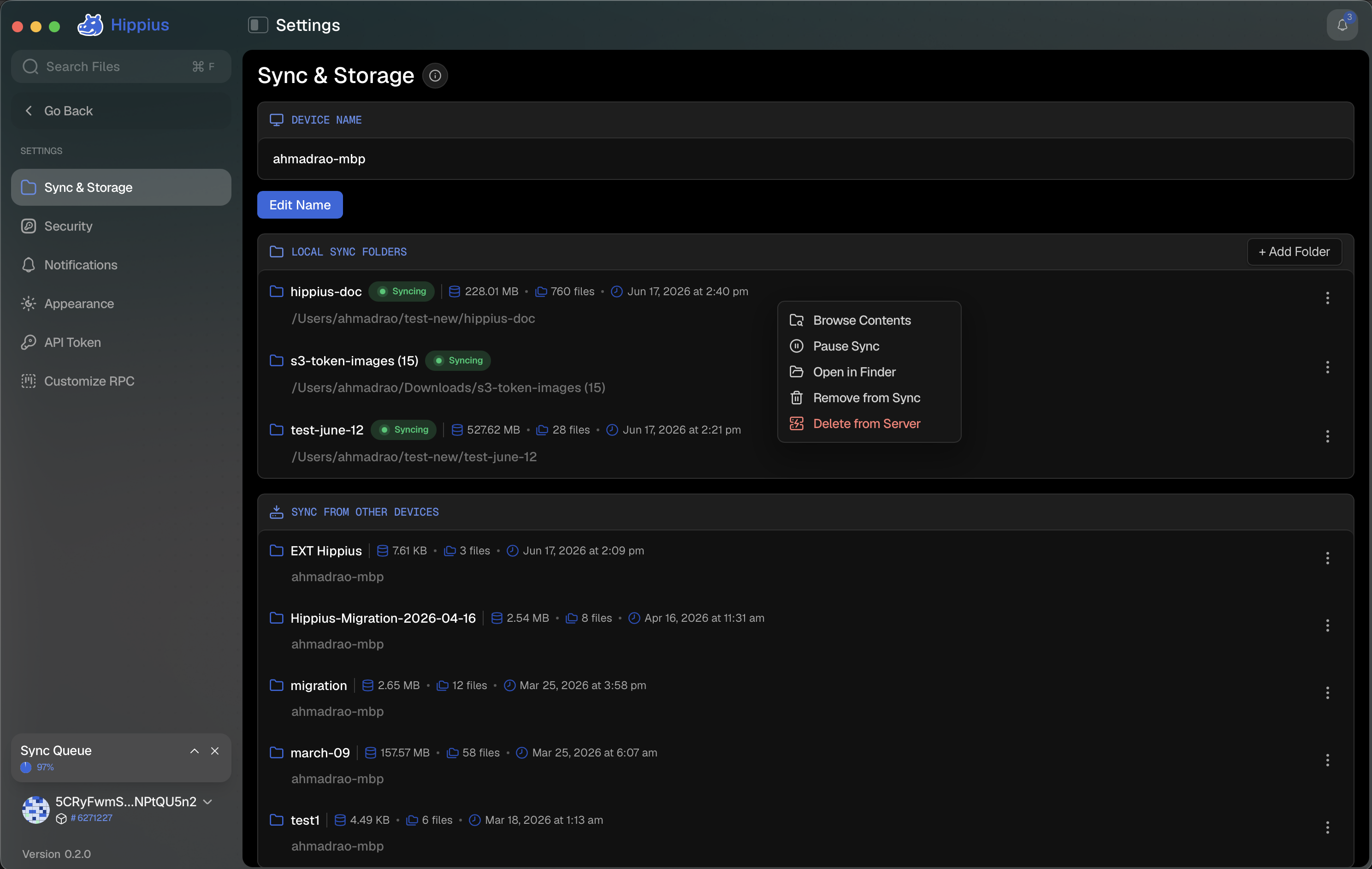 Folder menu options