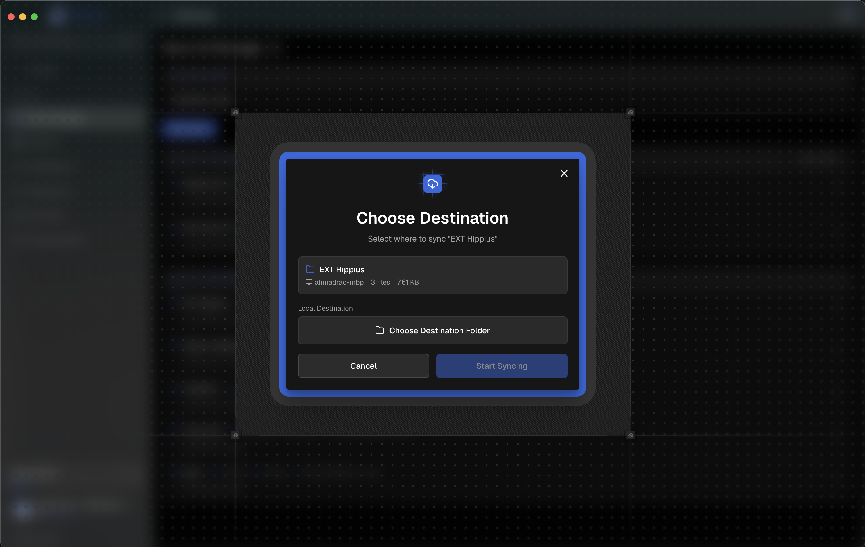 Sync destination dialog