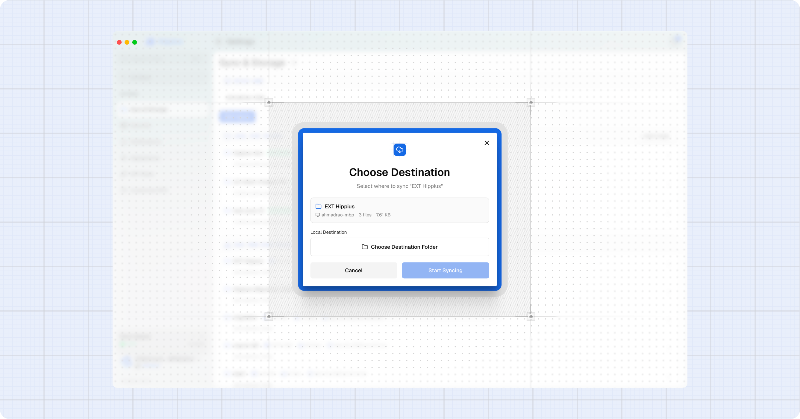 Sync destination dialog