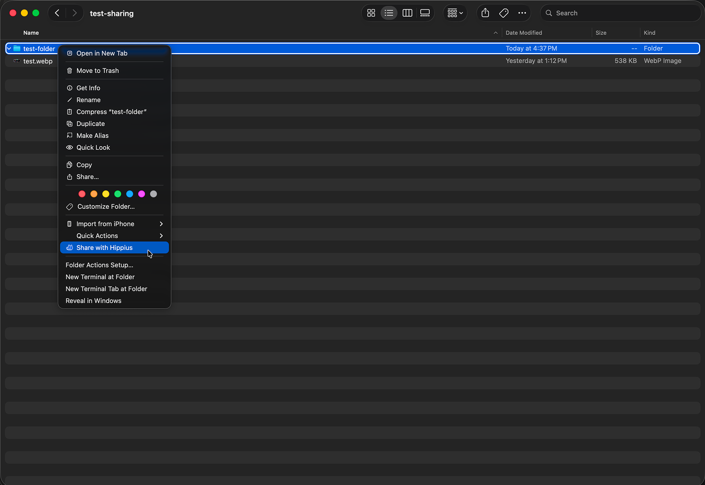 Finder Share with Hippius menu