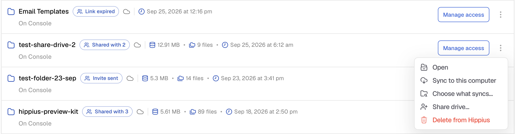 A drive's menu in the desktop app, with Share drive