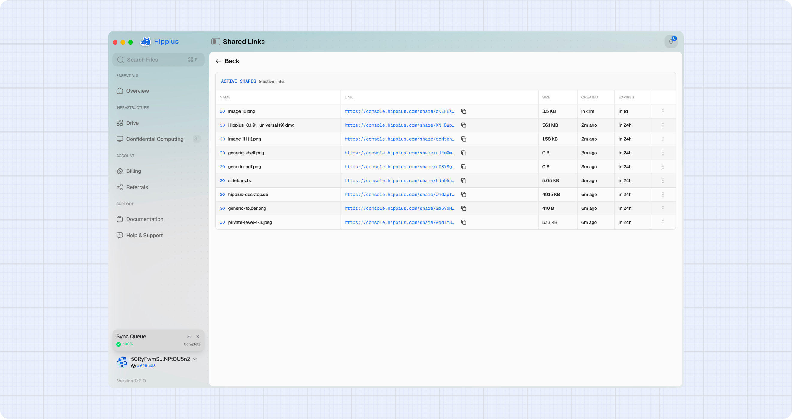 Shared Links page overview