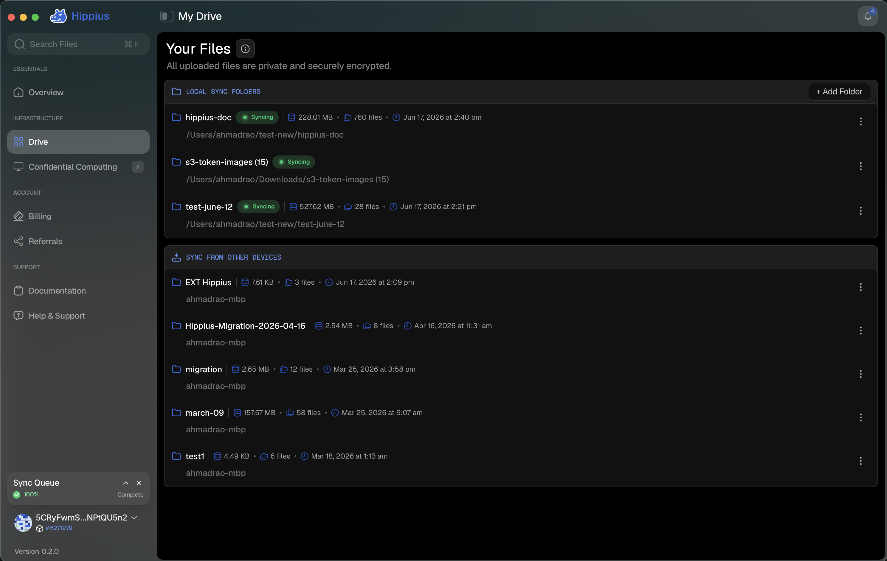 The Local view showing the synced folder cards used to switch between folders