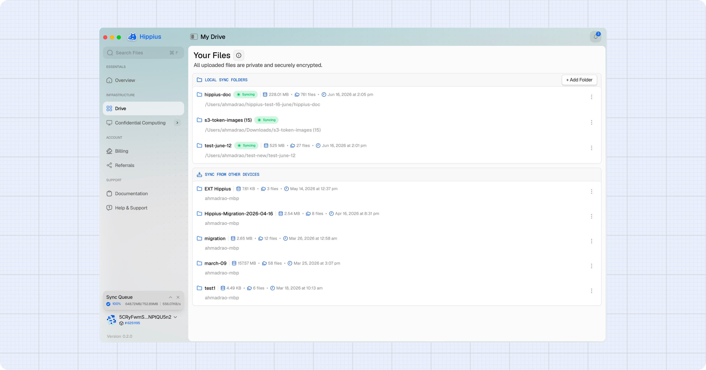 The Local view showing the synced folder cards used to switch between folders