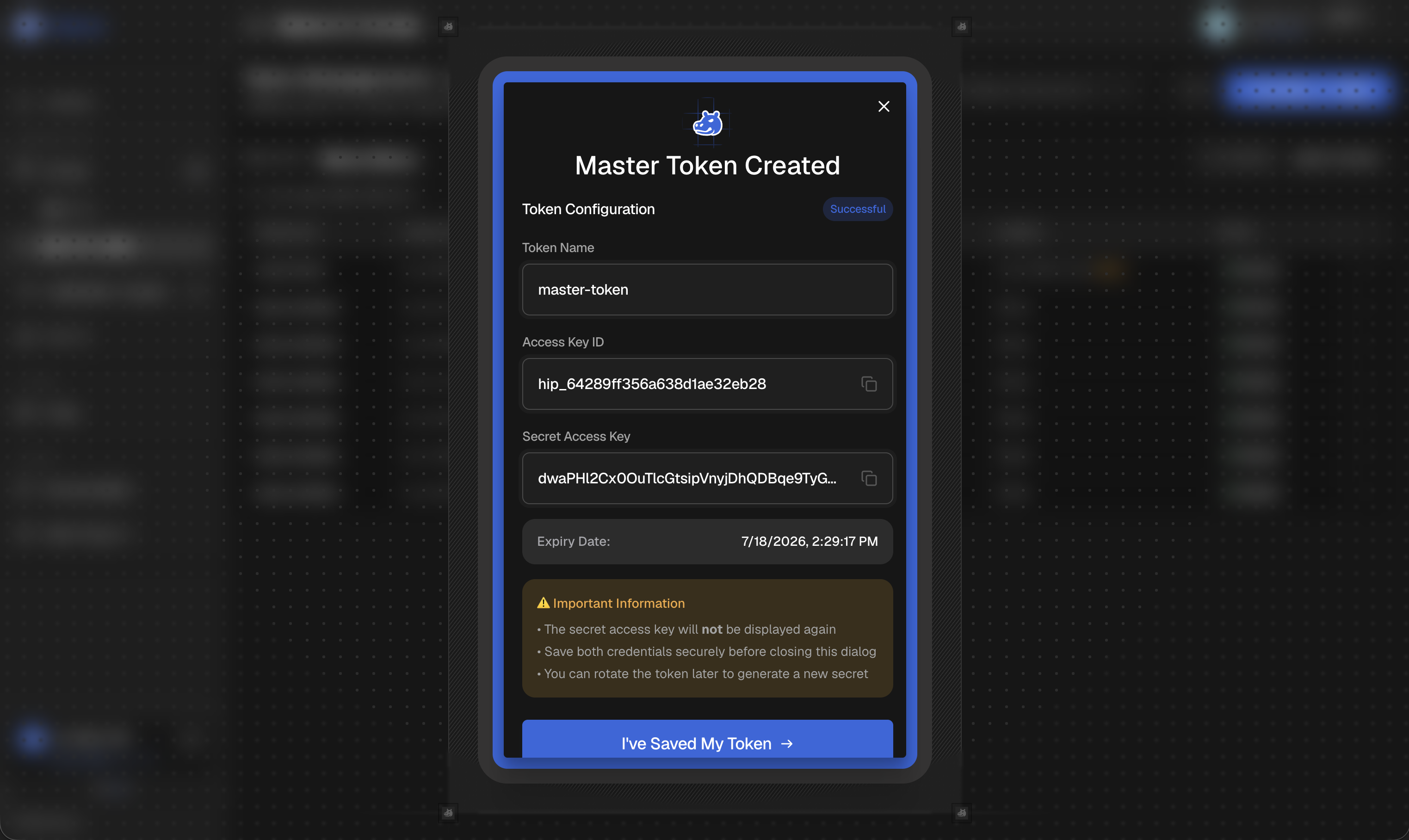Master Token Created screen