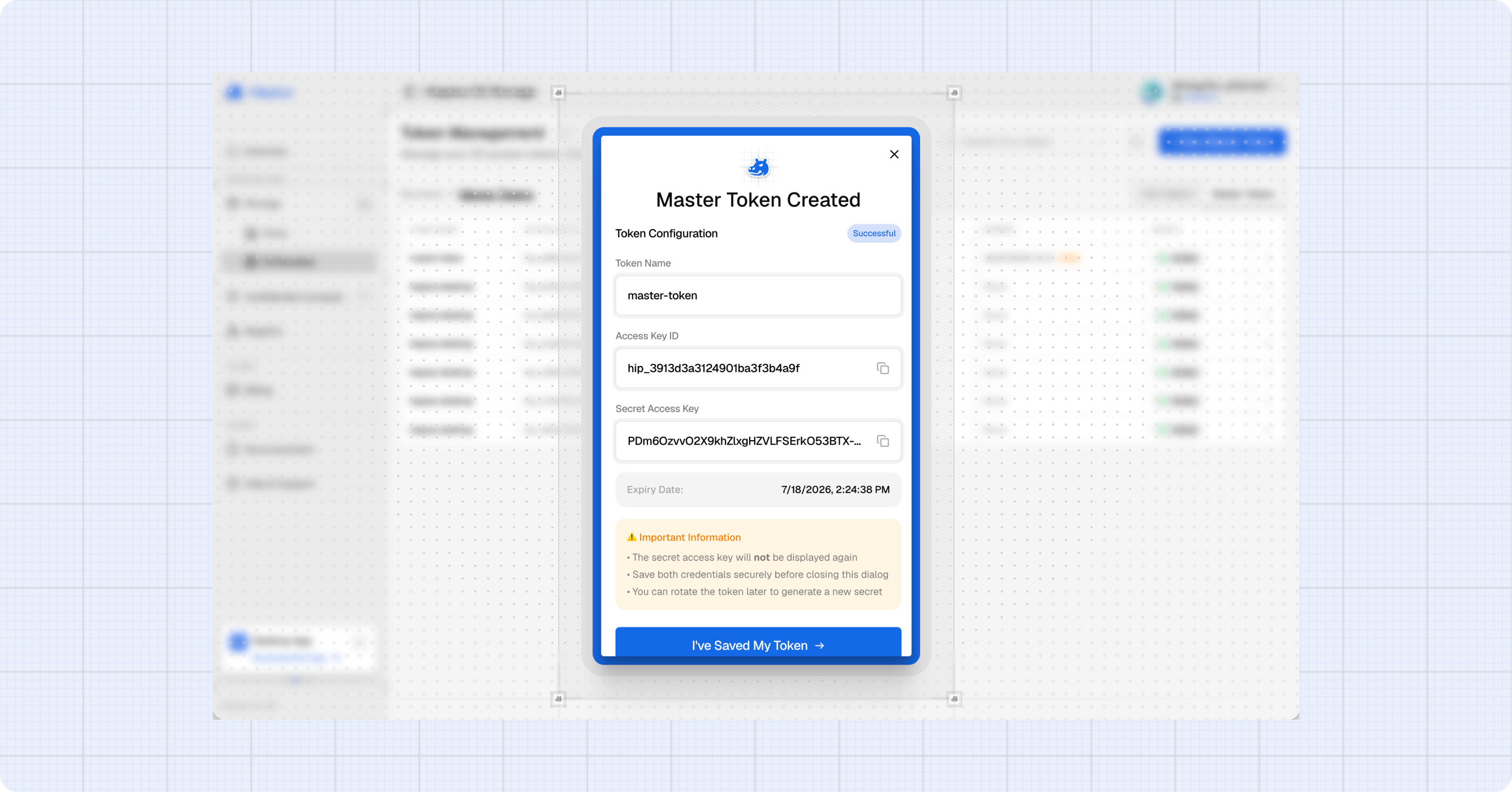 Master Token Created screen