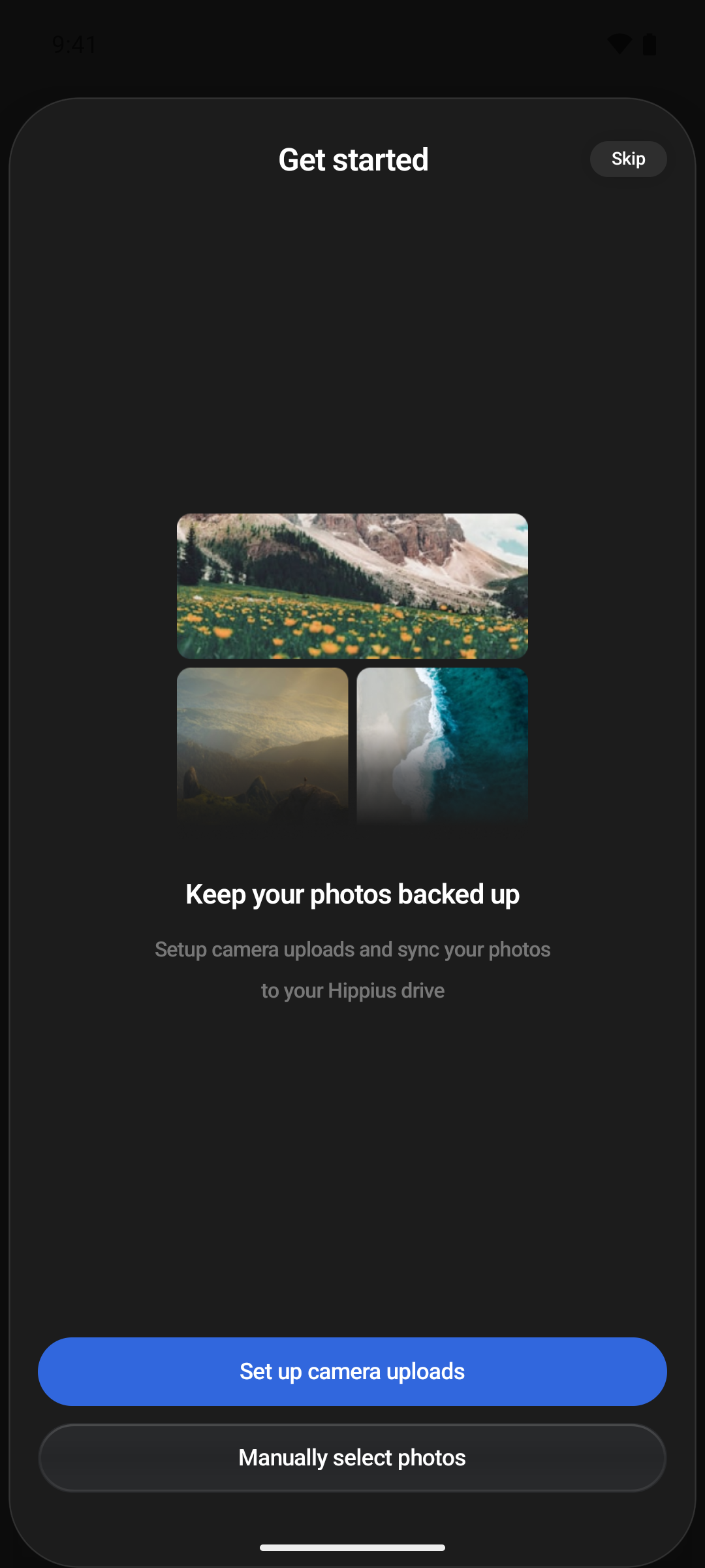 The one-time Get started sheet for Camera Uploads