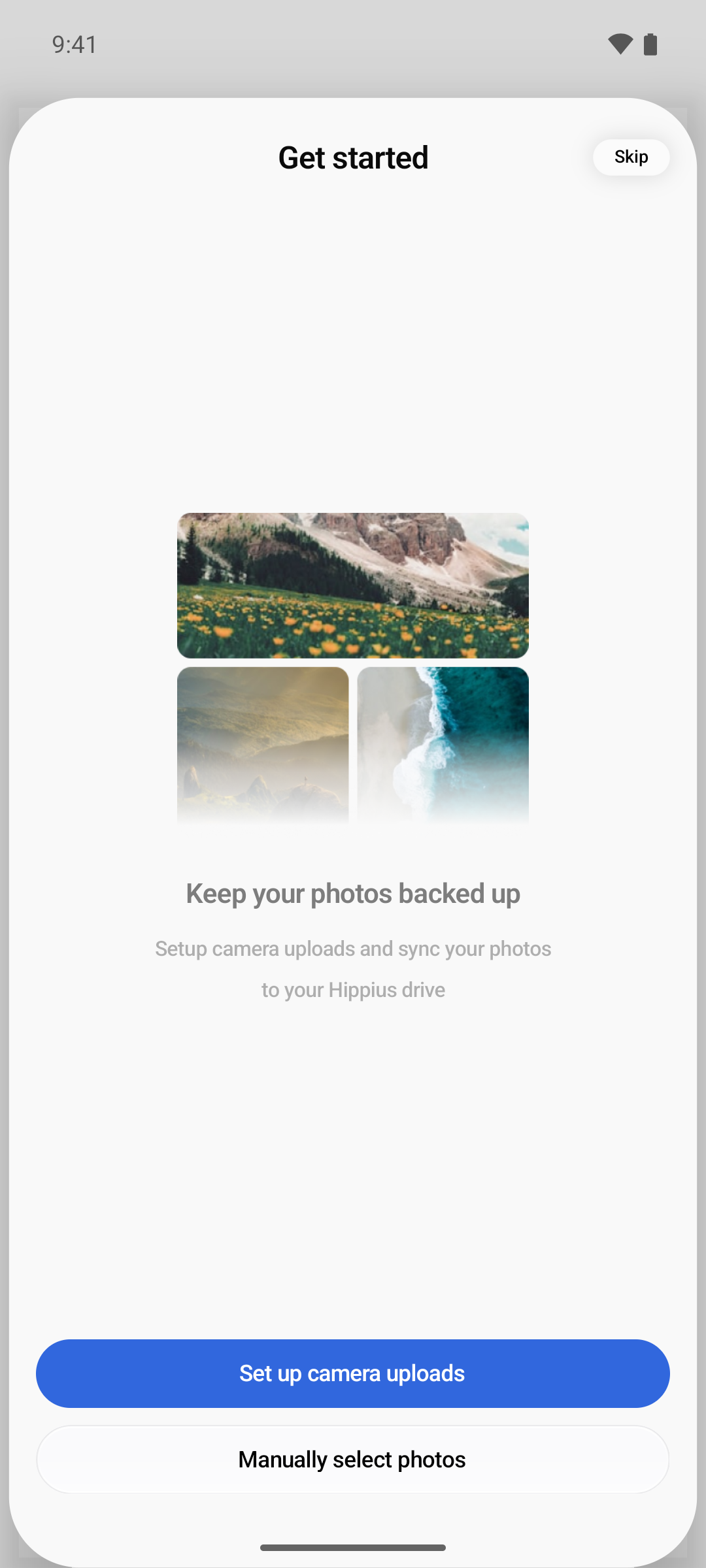 The one-time Get started sheet for Camera Uploads