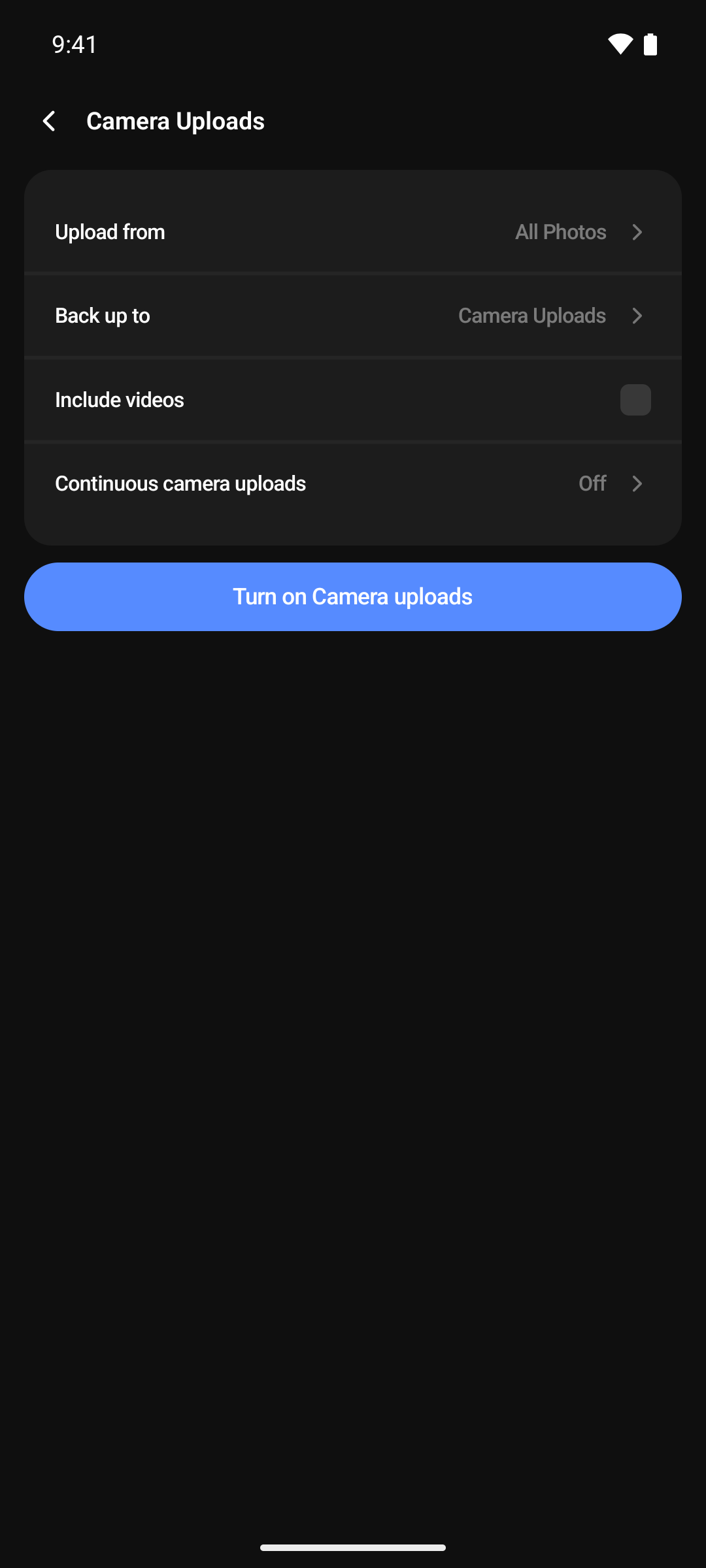The Camera Uploads screen with its options