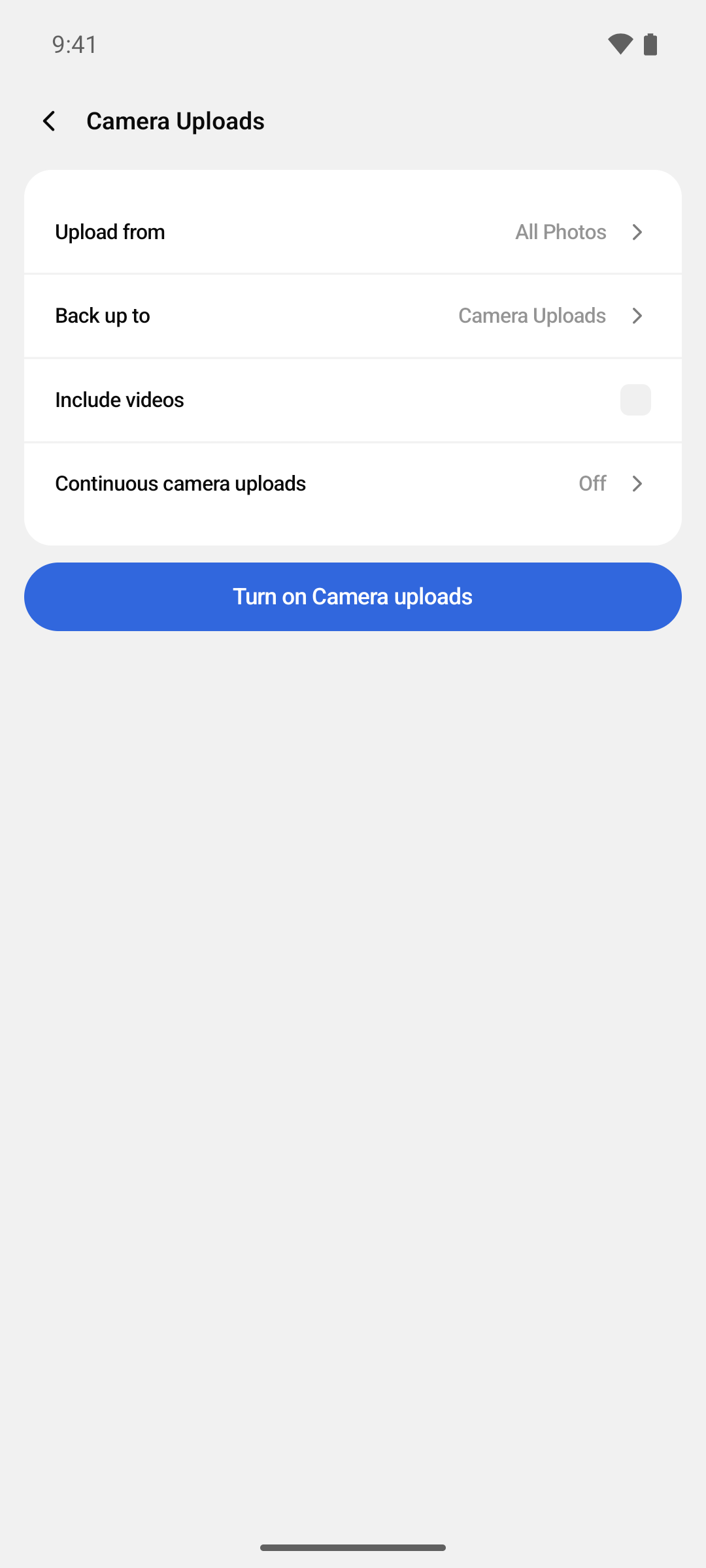 The Camera Uploads screen with its options