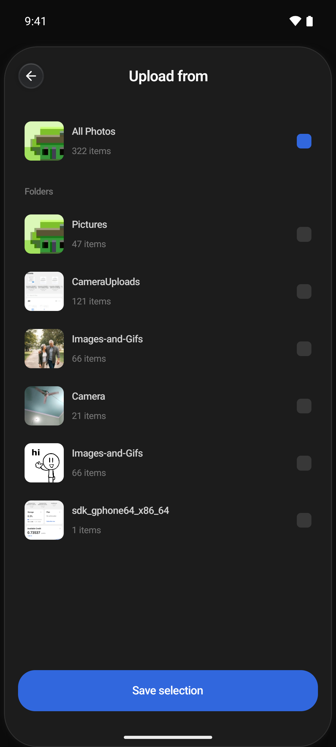 The Upload from sheet listing All Photos and your phone's folders