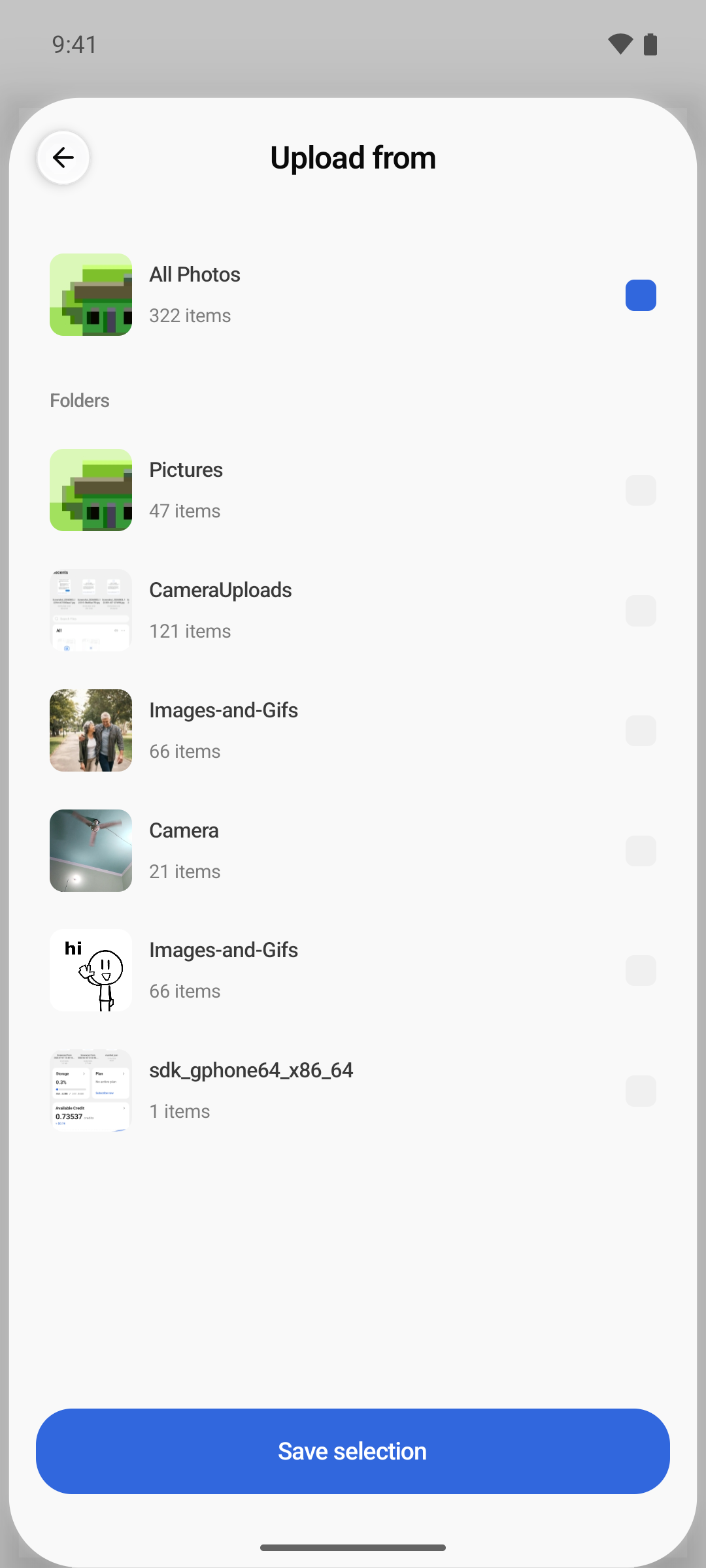 The Upload from sheet listing All Photos and your phone's folders