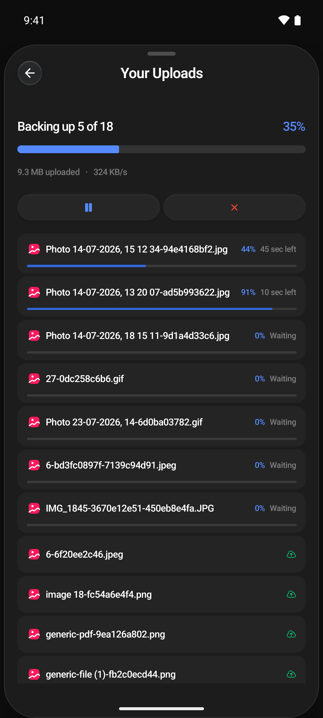 Your Uploads showing backup progress with the pause and cancel buttons