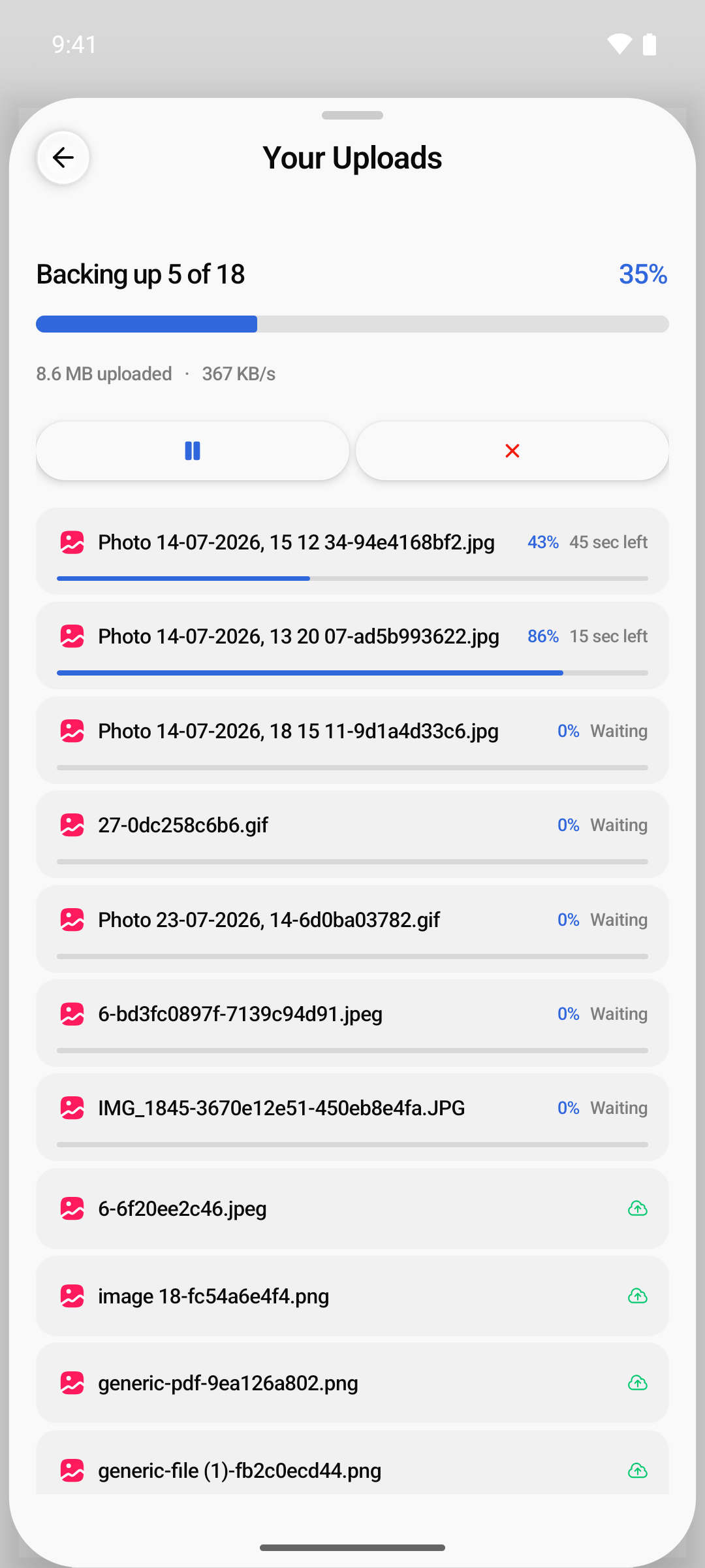 Your Uploads showing backup progress with the pause and cancel buttons