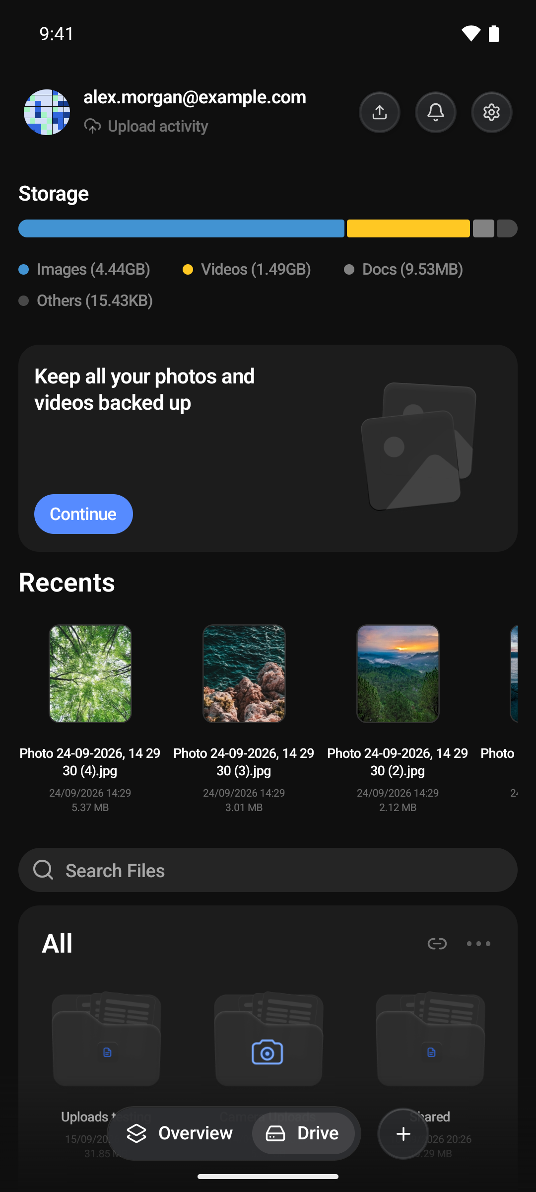 The Keep all your photos and videos backed up card on the Drive screen