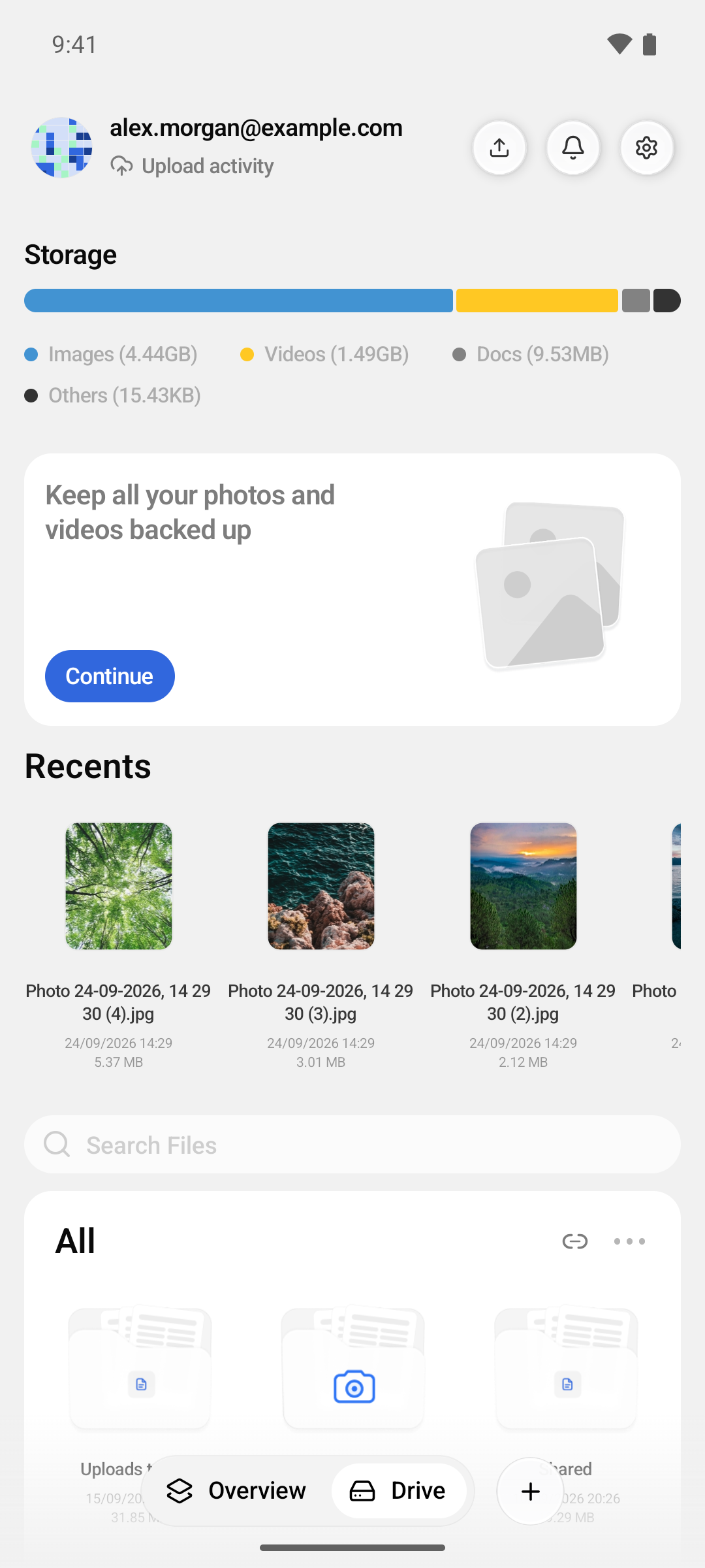 The Keep all your photos and videos backed up card on the Drive screen