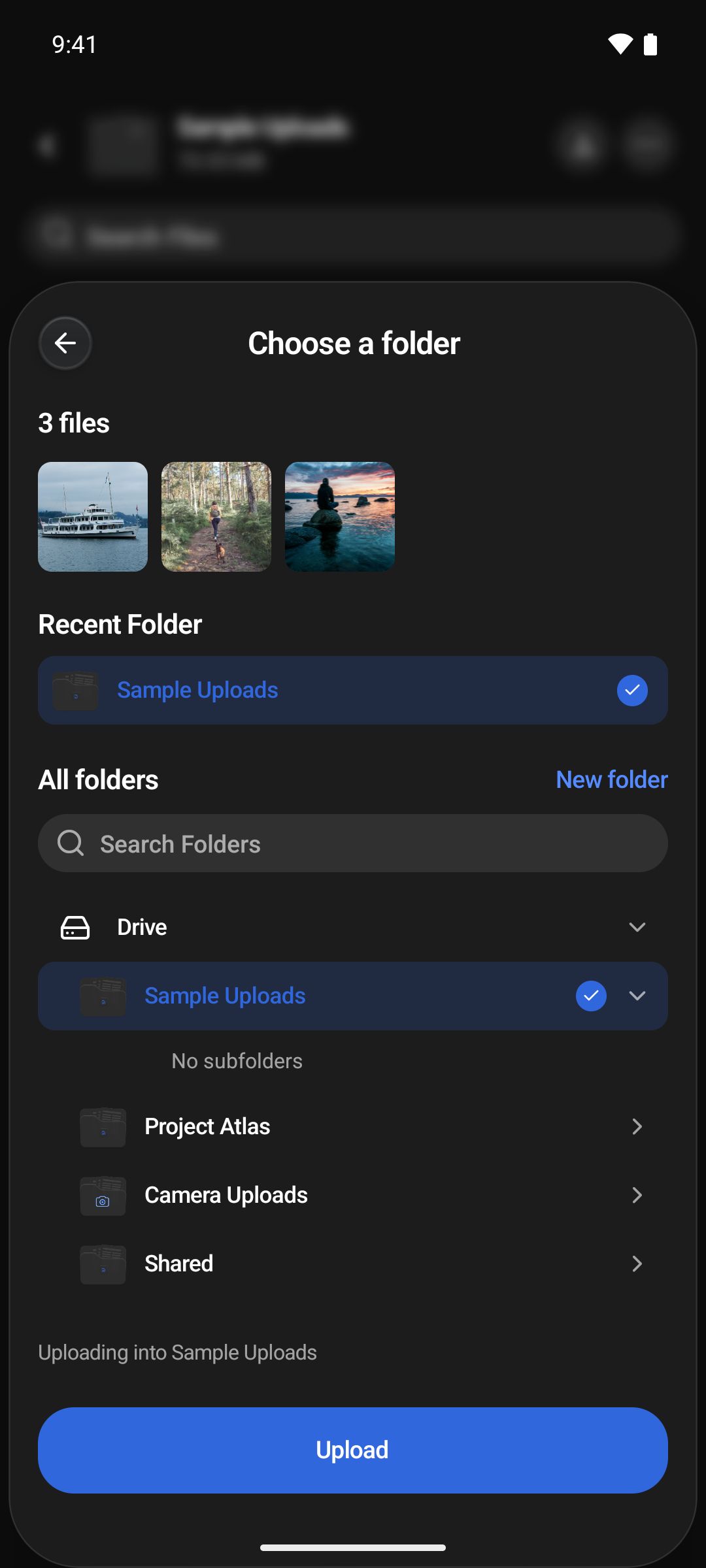 The Choose a folder sheet