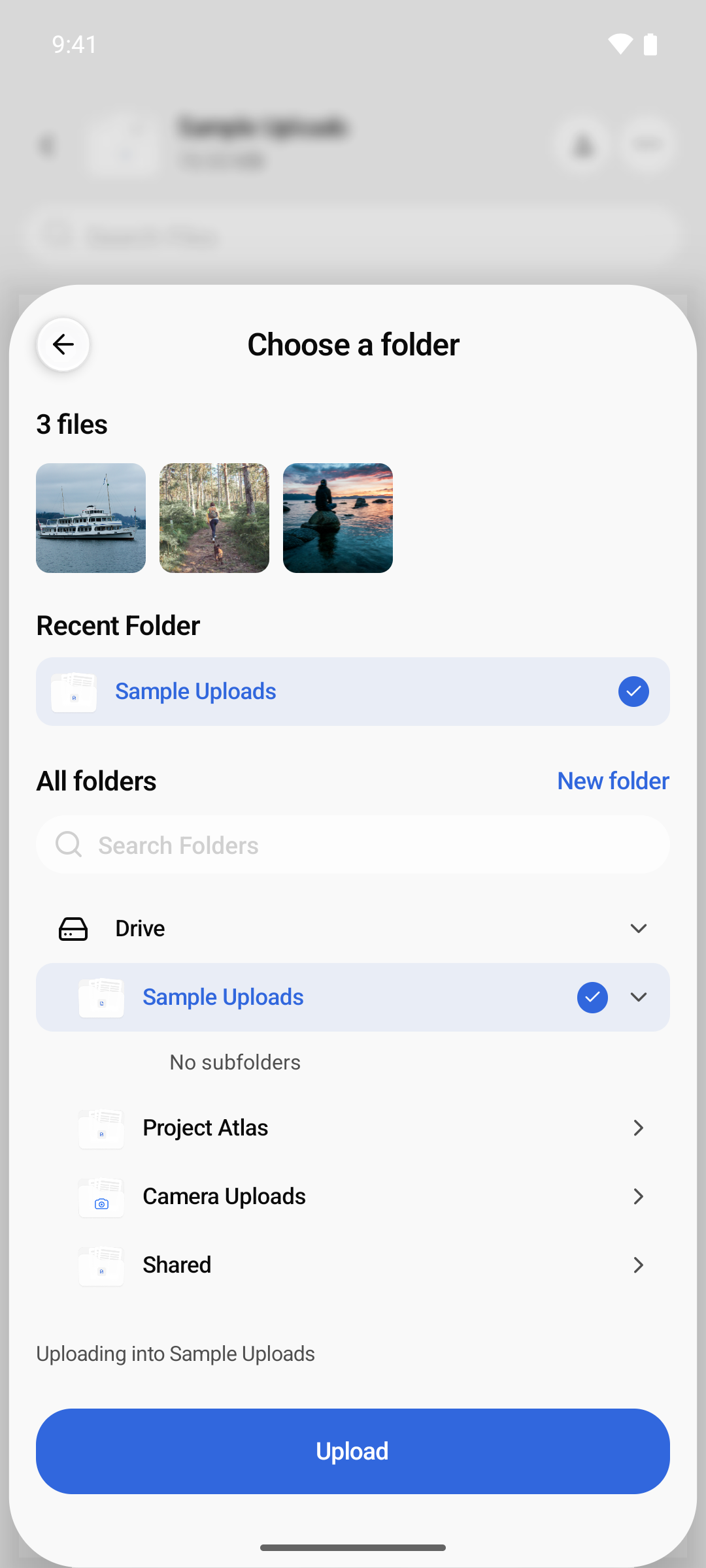 The Choose a folder sheet