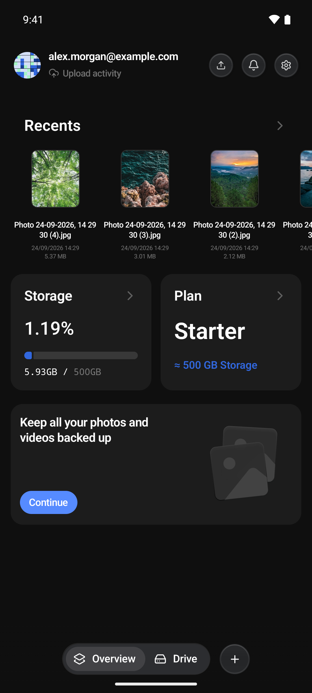 The Overview screen with its header, cards and bottom bar