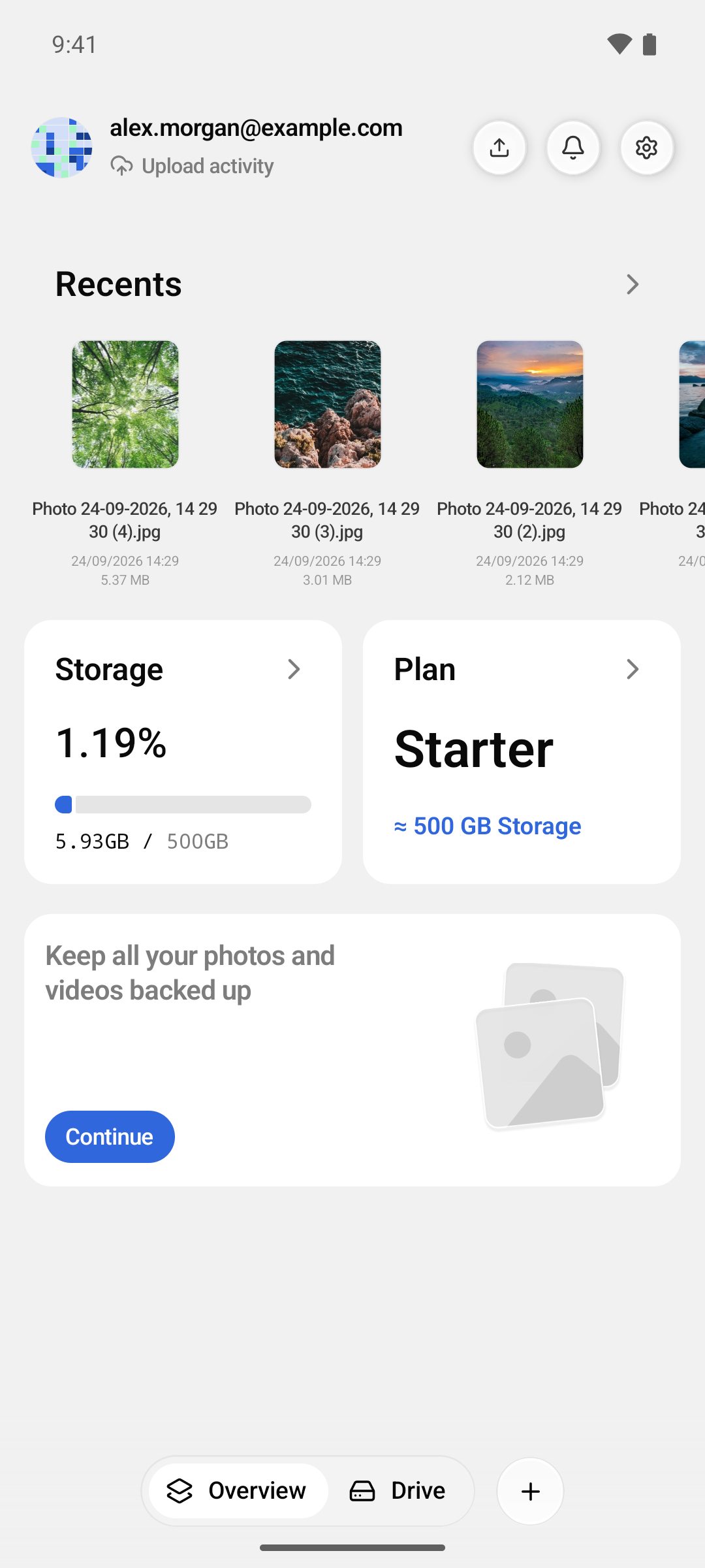 The Overview screen with its header, cards and bottom bar