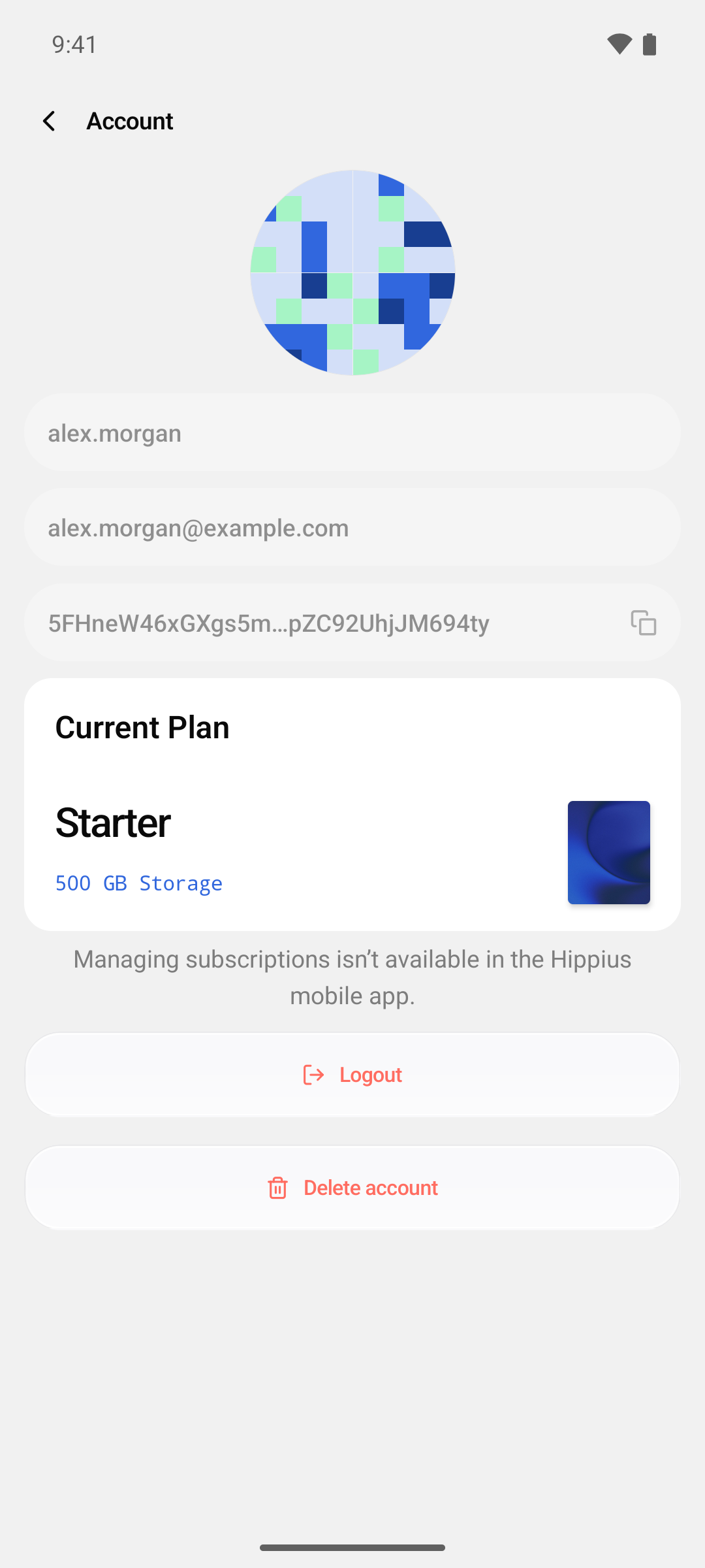 The Account screen with the Current Plan card
